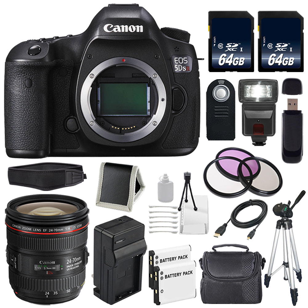 Canon EOS 5DS R DSLR Camera (International Model) 0582C002 + Canon EF 24-70mm f/4L is USM Lens + LP-E6 Battery + 64GB  Card Base Bundle