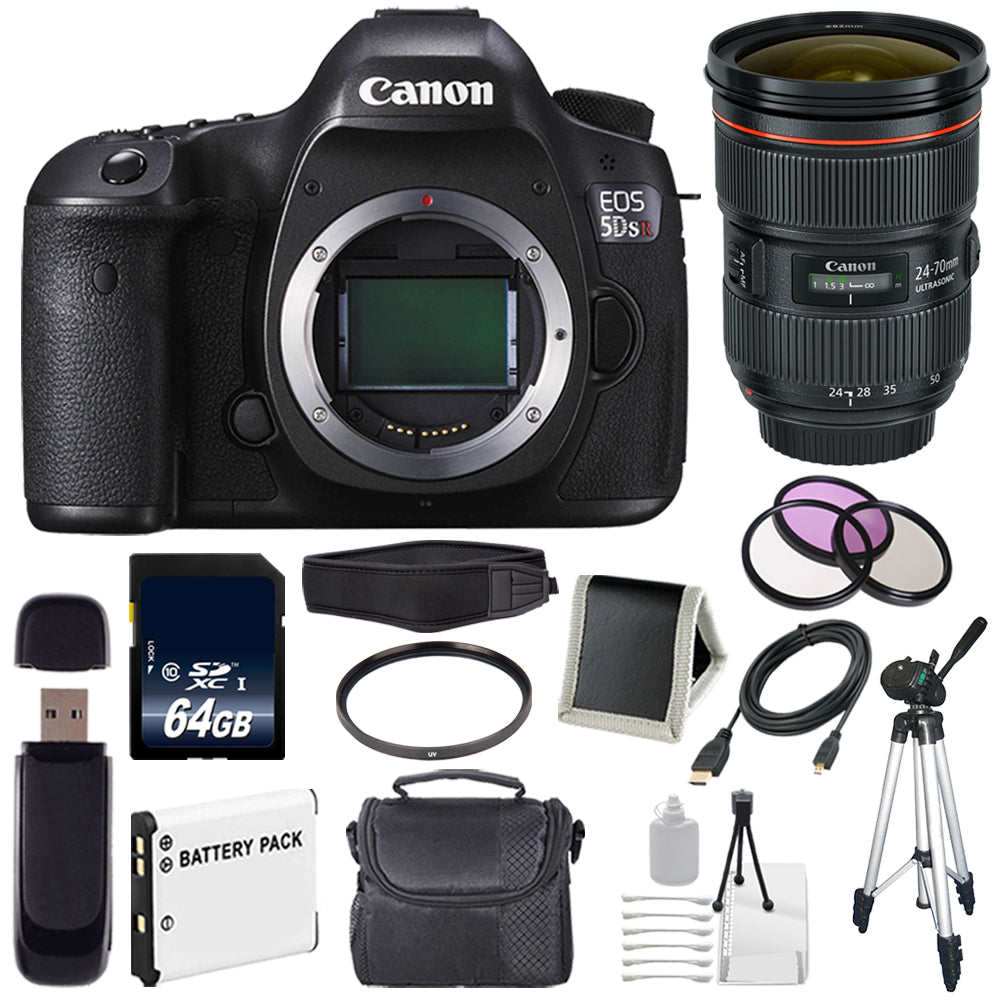Canon EOS 5DS R DSLR Camera (International Model) 0582C002 + Canon EF 24-70mm f/2.8L II USM Lens + LP-E6 Battery + 64GB