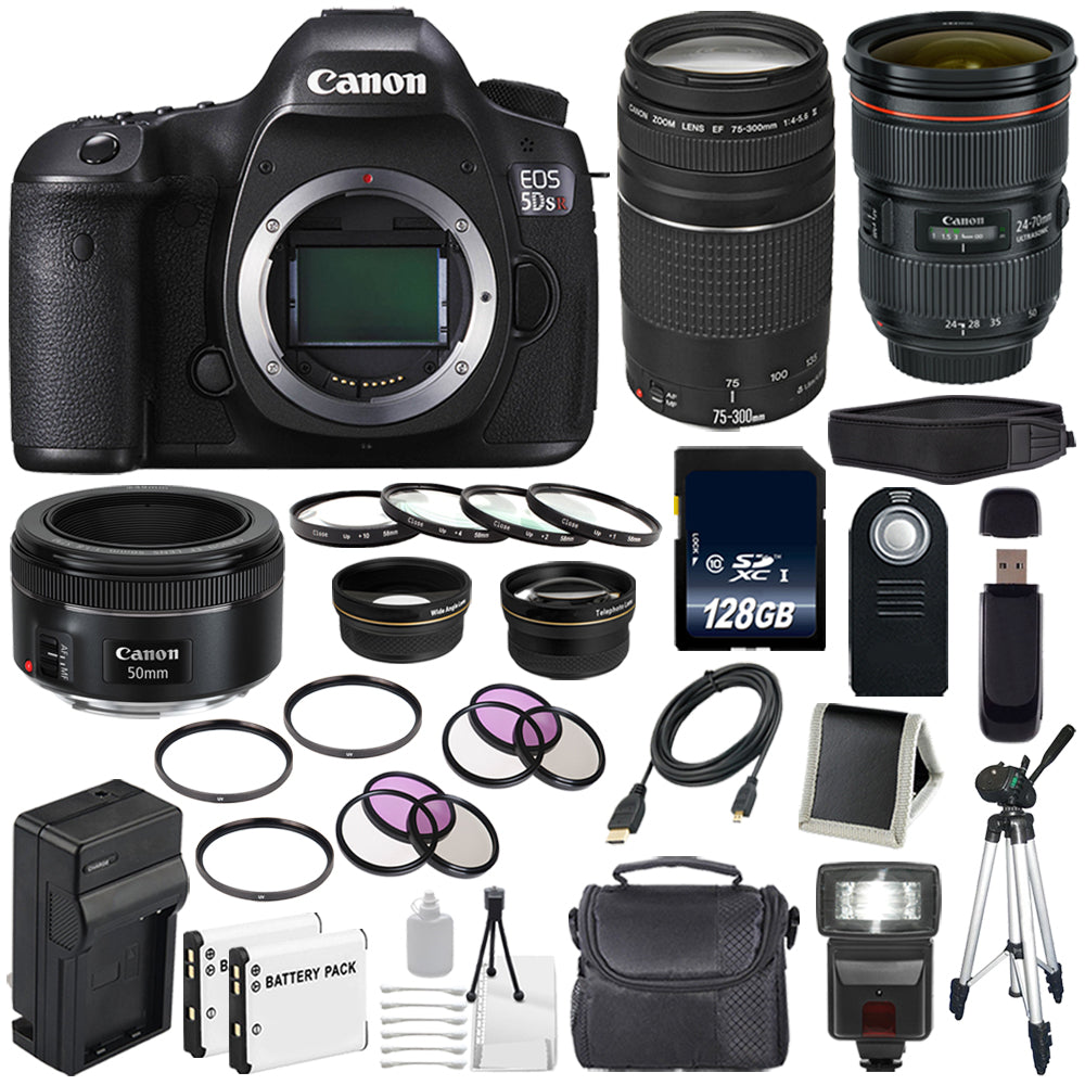 Canon EOS 5DS R DSLR Camera (International Model) 0582C002 + Canon EF 24-70mm f/2.8L II USM Lens + Canon EF 75-300 III+ EF 50mm f/1.8 STM Lens + LP-E6 Replacement Battery + Charger Bundle