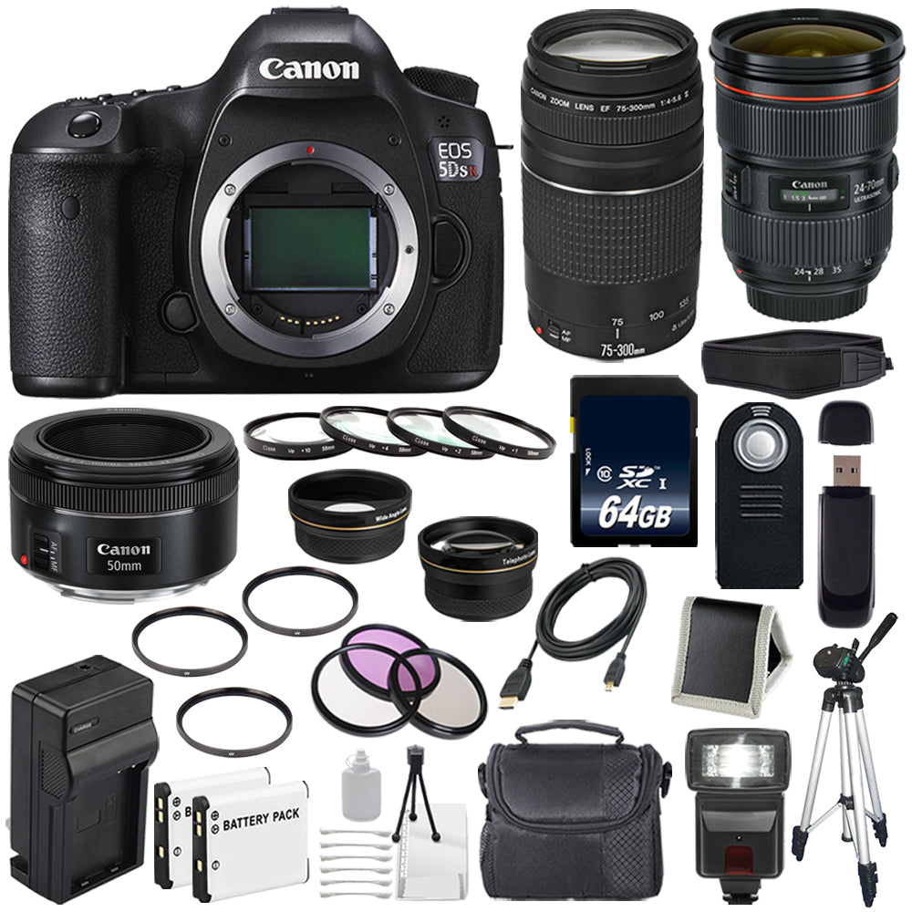 Canon EOS 5DS R DSLR Camera (International Model) 0582C002 + Canon EF 24-70mm f/2.8L II USM Lens + Canon EF 75-300 III Deluxe Bundle