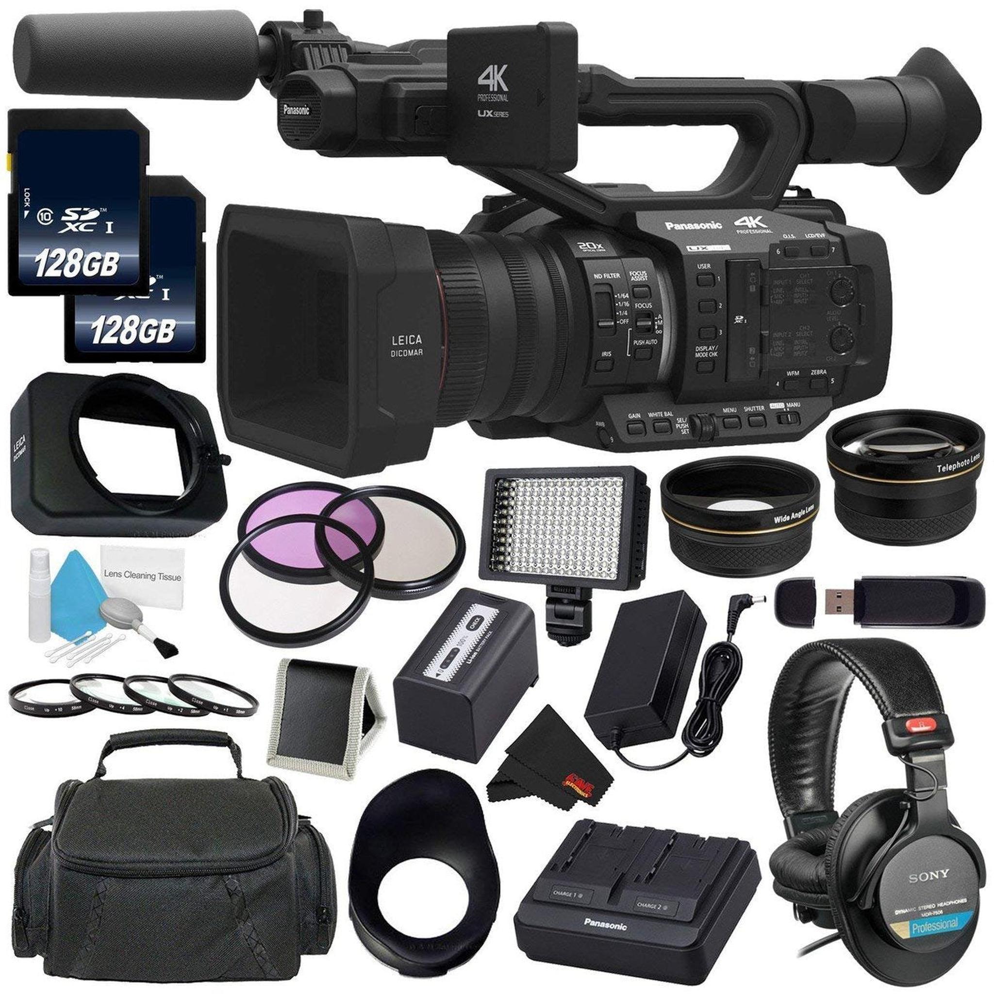 Panasonic AG-UX180 AG-UX180PJ 4K Premium Professional Camcorder + 128GB SDXC Class 10 Memory Card + Carrying Case + Professional 160 LED Video Light Studio Series + Sony MDR-7506 Headphone Bundle