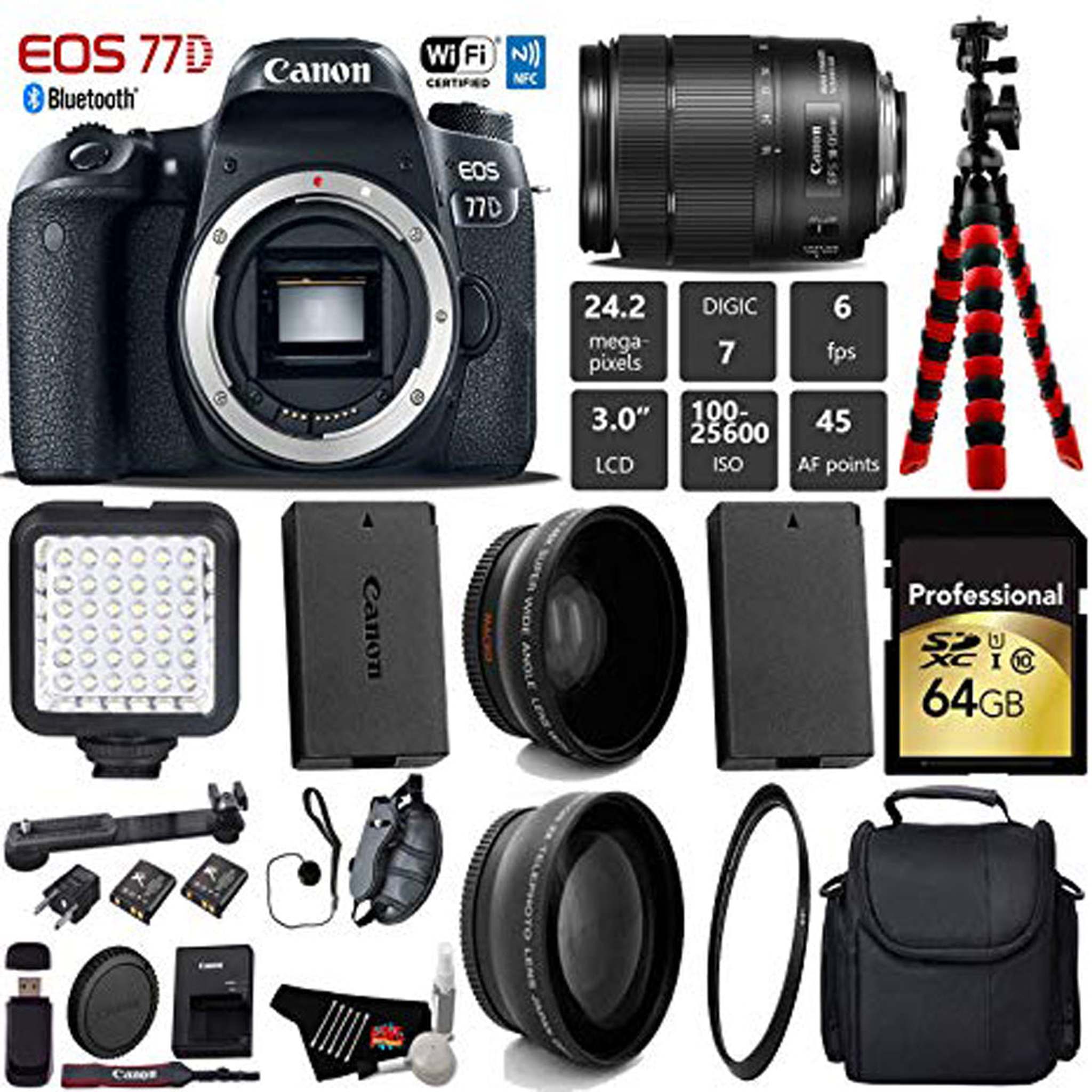 Canon EOS 77D DSLR Camera with 18-135mm is USM Lens + LED + UV FLD CPL Filter Kit + Wide Angle & Telephoto Lens + Camera Canon