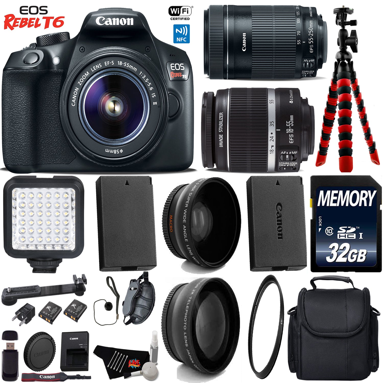Canon EOS Rebel T6 DSLR Camera with 18-55mm is Lens & 55-250mm is STM Lens + LED + UV FLD CPL Filter Kit Starter Bundle