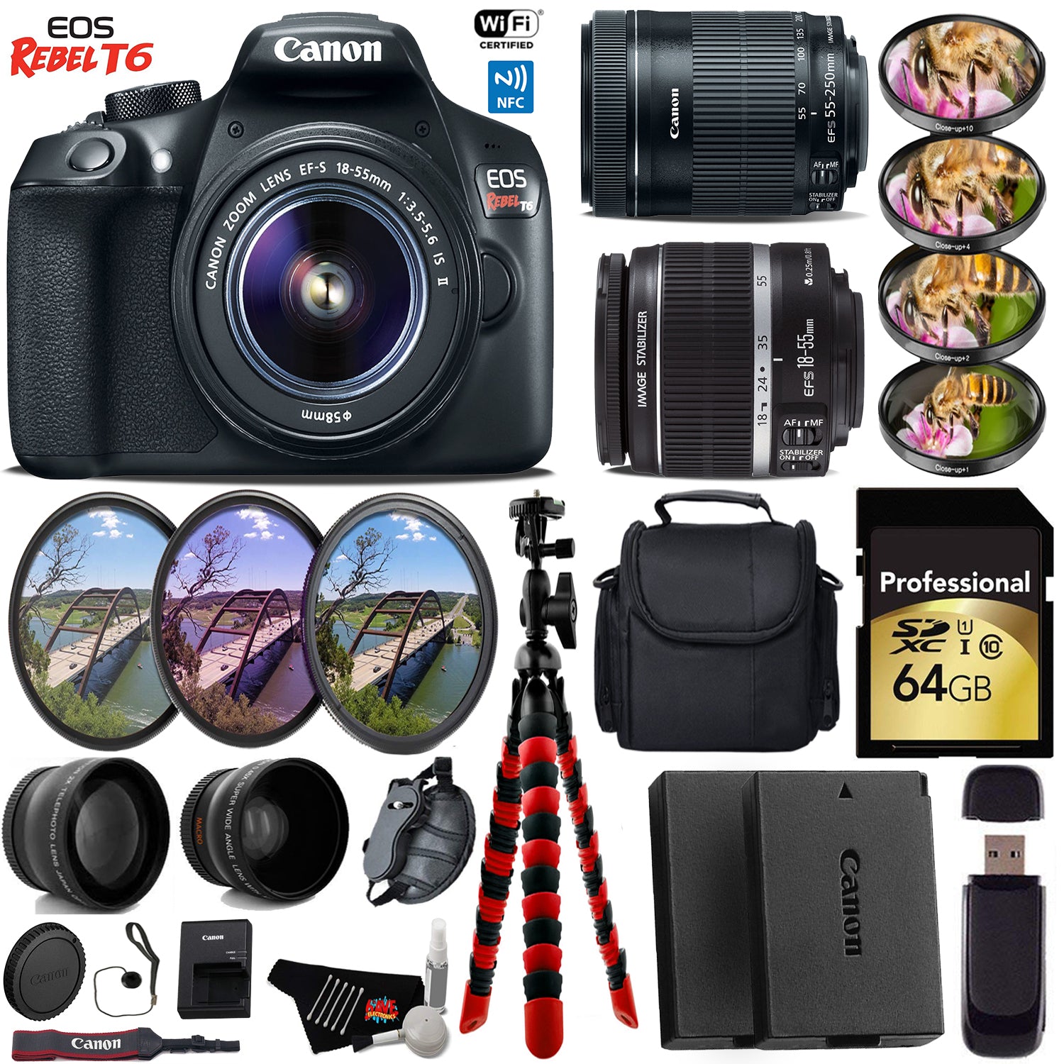 Canon EOS Rebel T6 DSLR Camera + 18-55mm is Lens & 55-250mm is STM Lens + UV FLD CPL Filter Kit + 4 PC Macro Kit Pro Bundle
