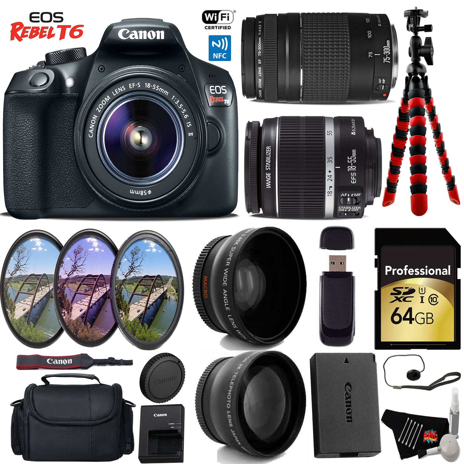 Canon EOS Rebel T6 DSLR Camera with 18-55mm is II Lens & 75-300mm III Lens + UV FLD CPL Filter Kit Pro Bundle