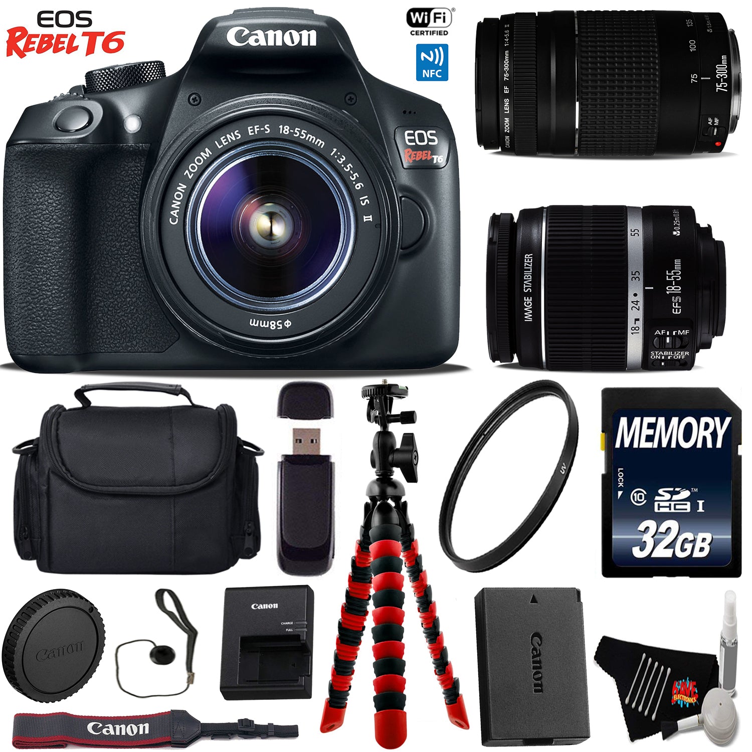 Canon EOS Rebel T6 DSLR Camera with 18-55mm is II Lens & 75-300mm III Lens + Flexible Tripod + UV Protection Filter Starter Bundle