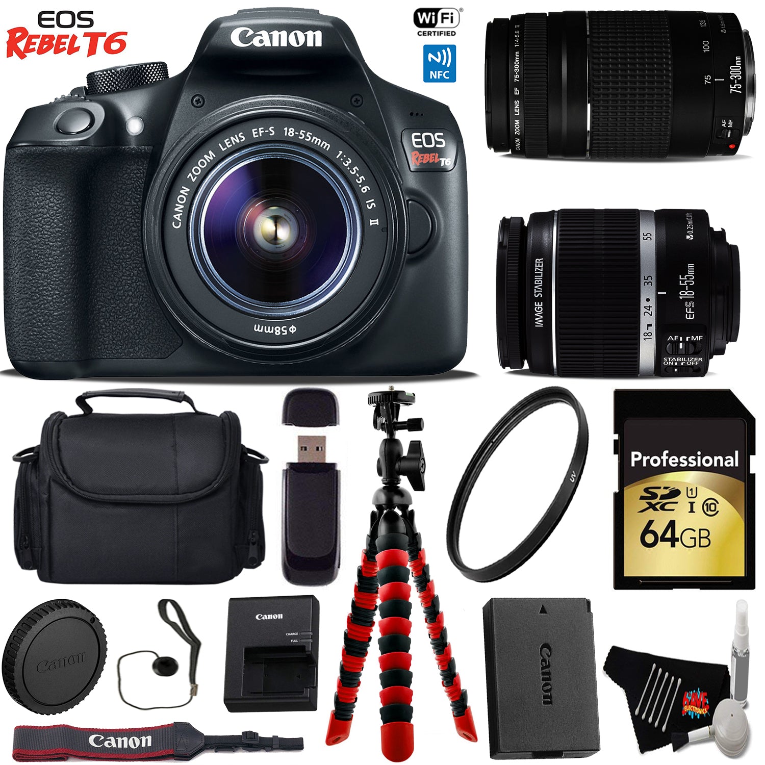 Canon EOS Rebel T6 DSLR Camera with 18-55mm is II Lens & 75-300mm III Lens + Flexible Tripod + UV Protection Filter Pro Bundle