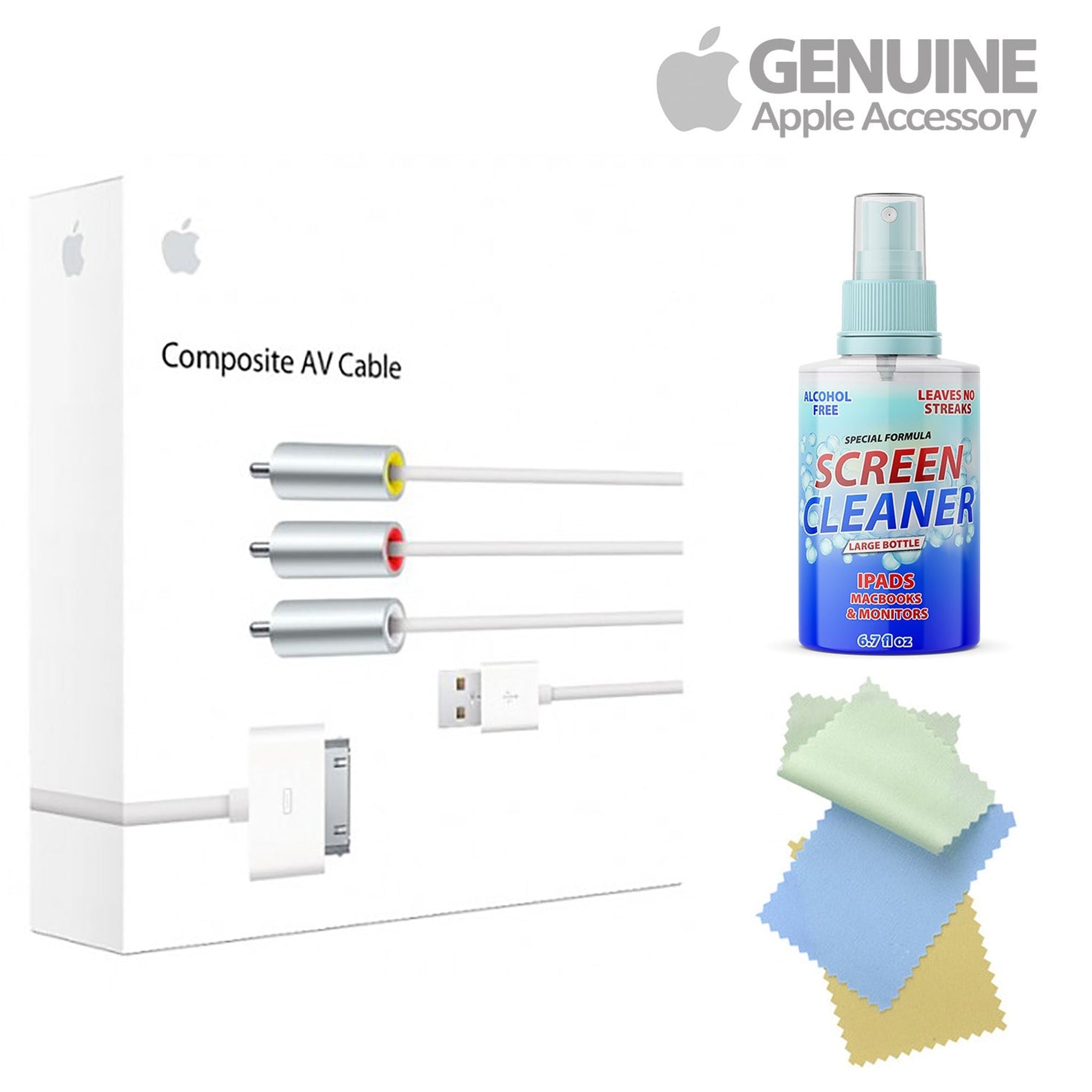 APPLE 30-PIN TO COMPOSITE AV CABLE with Free Cleaning Kit Bundle
