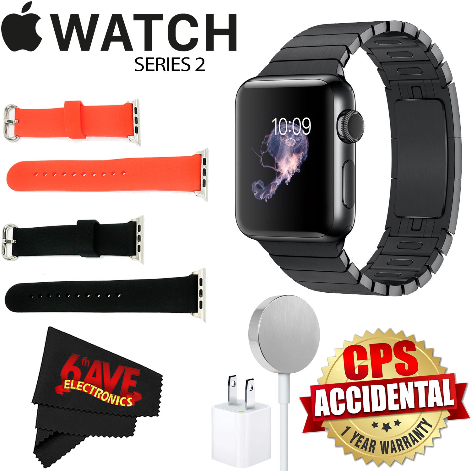 6Ave Apple Watch Series 2 38mm Smartwatch Space Black Stainless Steel Case, Space Black Link Band + Watch Band Black 38mm + Watch Band Red 38mm + MicroFiber Cloth Bundle