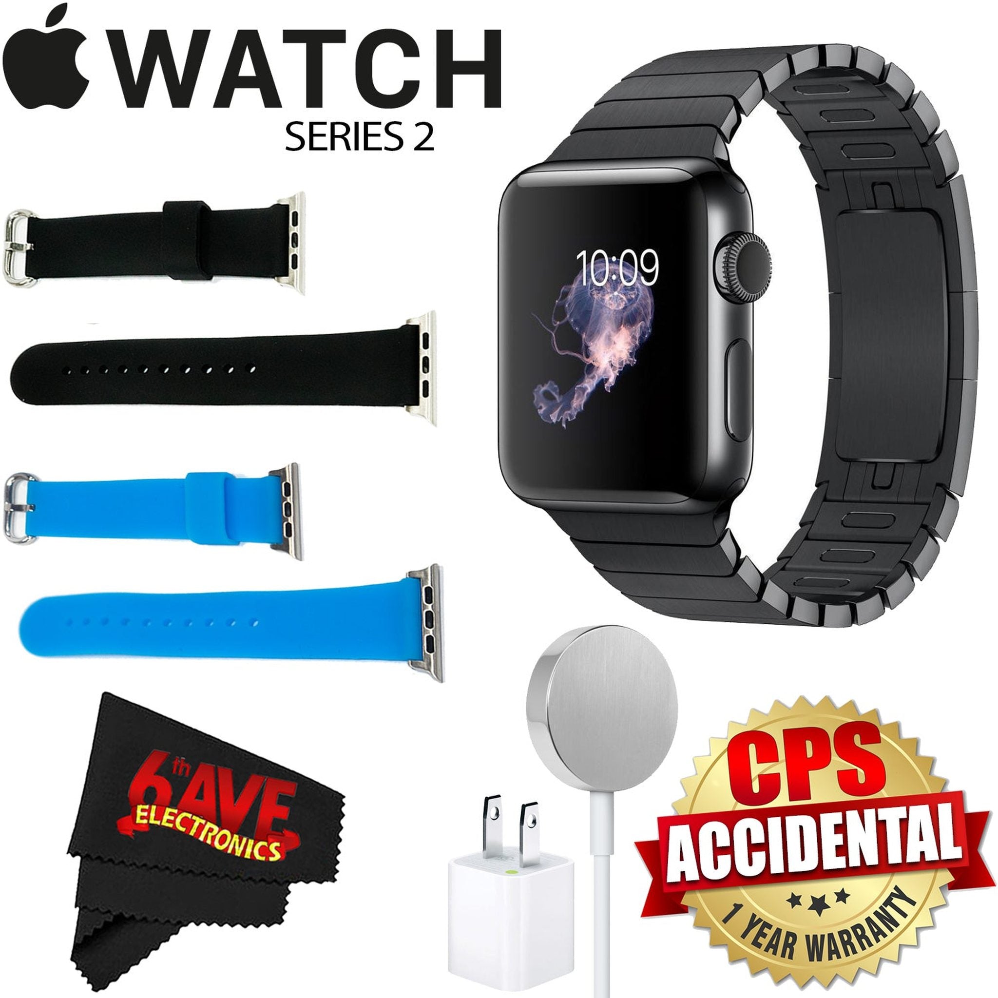 6Ave Apple Watch Series 2 38mm Smartwatch Space Black Stainless Steel Case, Space Black Link Band + Watch Band Black 38mm + Watch Band Blue 38mm + MicroFiber Cloth Bundle