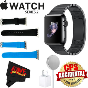 6Ave Apple Watch Series 2 38mm Smartwatch Space Black Stainless Steel Case, Space Black Link Band + Watch Band Black 38mm + Watch Band Blue 38mm + MicroFiber Cloth Bundle