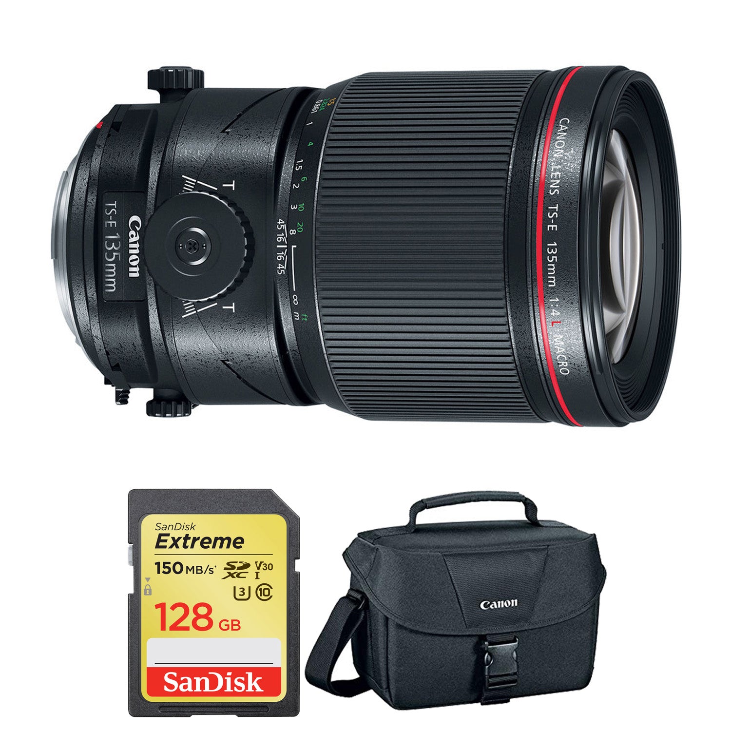 Canon TS-E 135mm f/4L Macro Tilt-Shift Lens  with BONUS 128GB Memory Card and Canon Carrying Case Combo  (Special Intl Model)