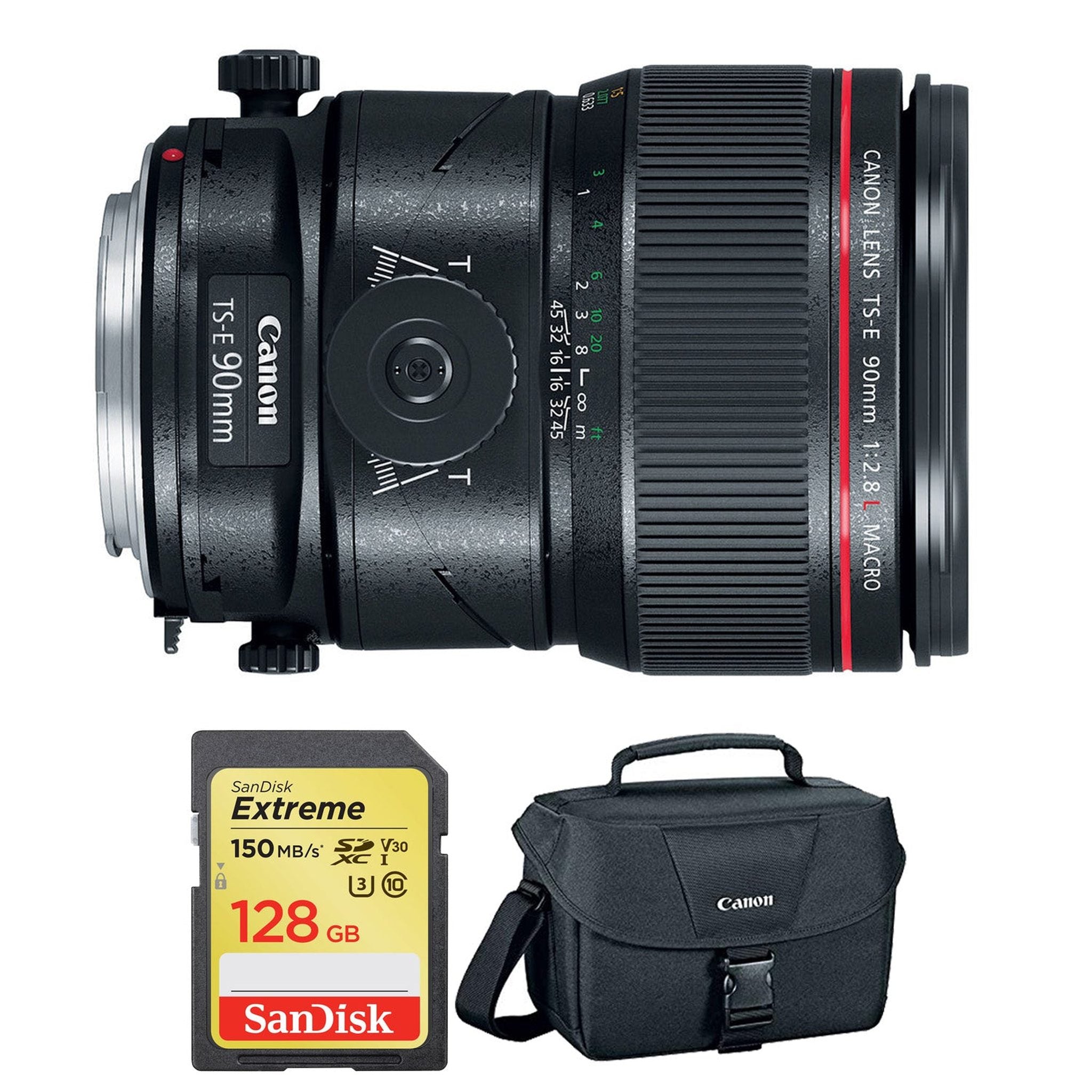 Canon TS-E 90mm f/2.8L Macro Tilt-Shift Lens with BONUS 128GB Memory Card and Canon Carrying Case Combo Special Intl Model