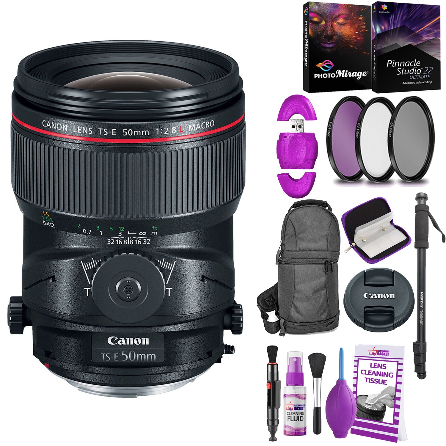 Canon TS-E 50mm f/2.8L Macro Tilt-Shift Lens with BONUS Bundle | Memory | Backpack | Monopod | Cleaning Kit | Intl Model