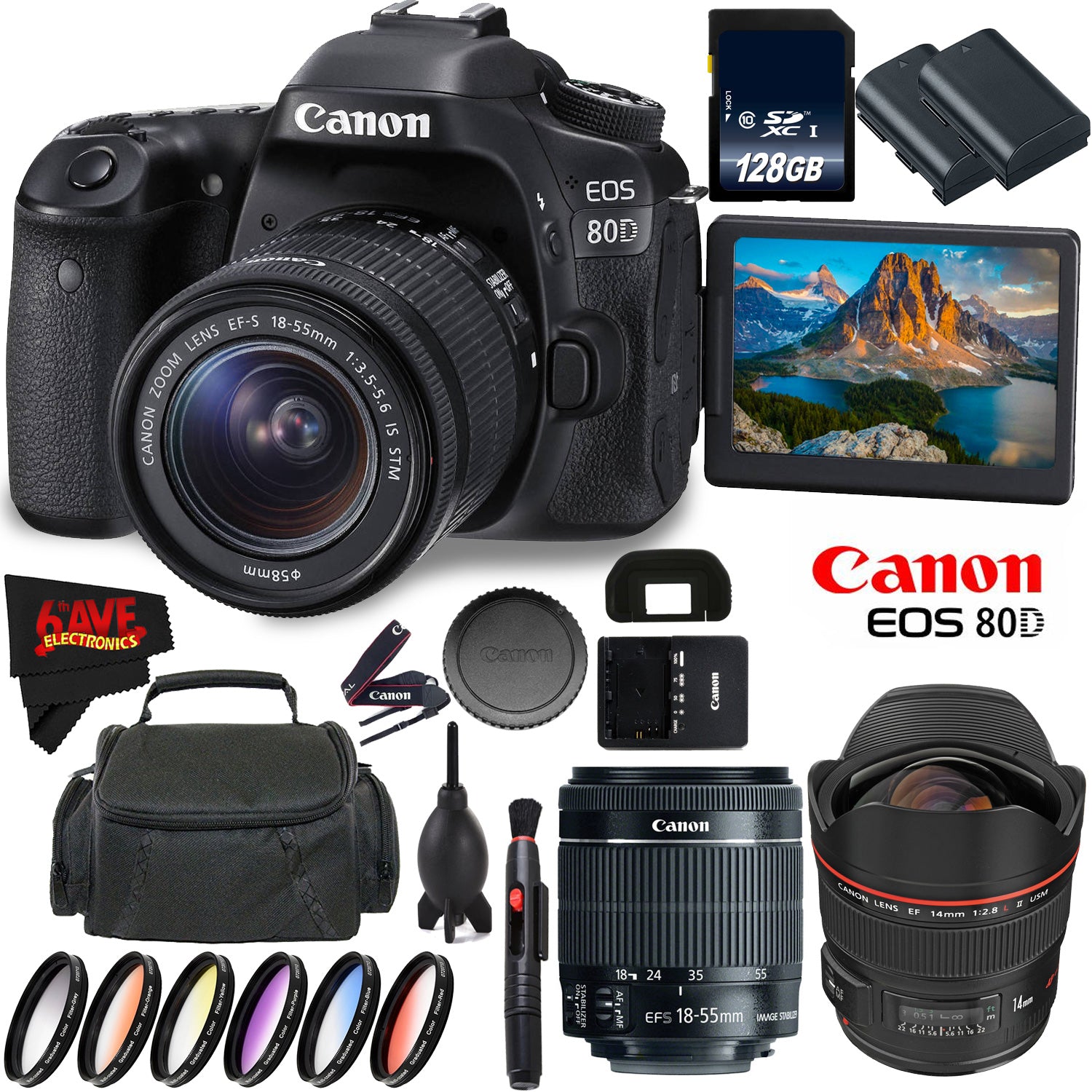 Canon EOS 80D DSLR Camera + 18-55mm Lens + Canon EF 14mm f/2.8L II USM Lens + 128GB Memory Card International Version