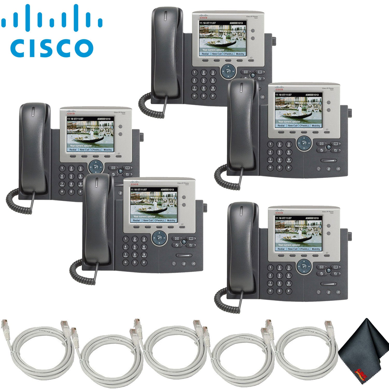 Cisco 7945G Unified IP Phone with Extra Cat5 Cables 5-Pack Bundle