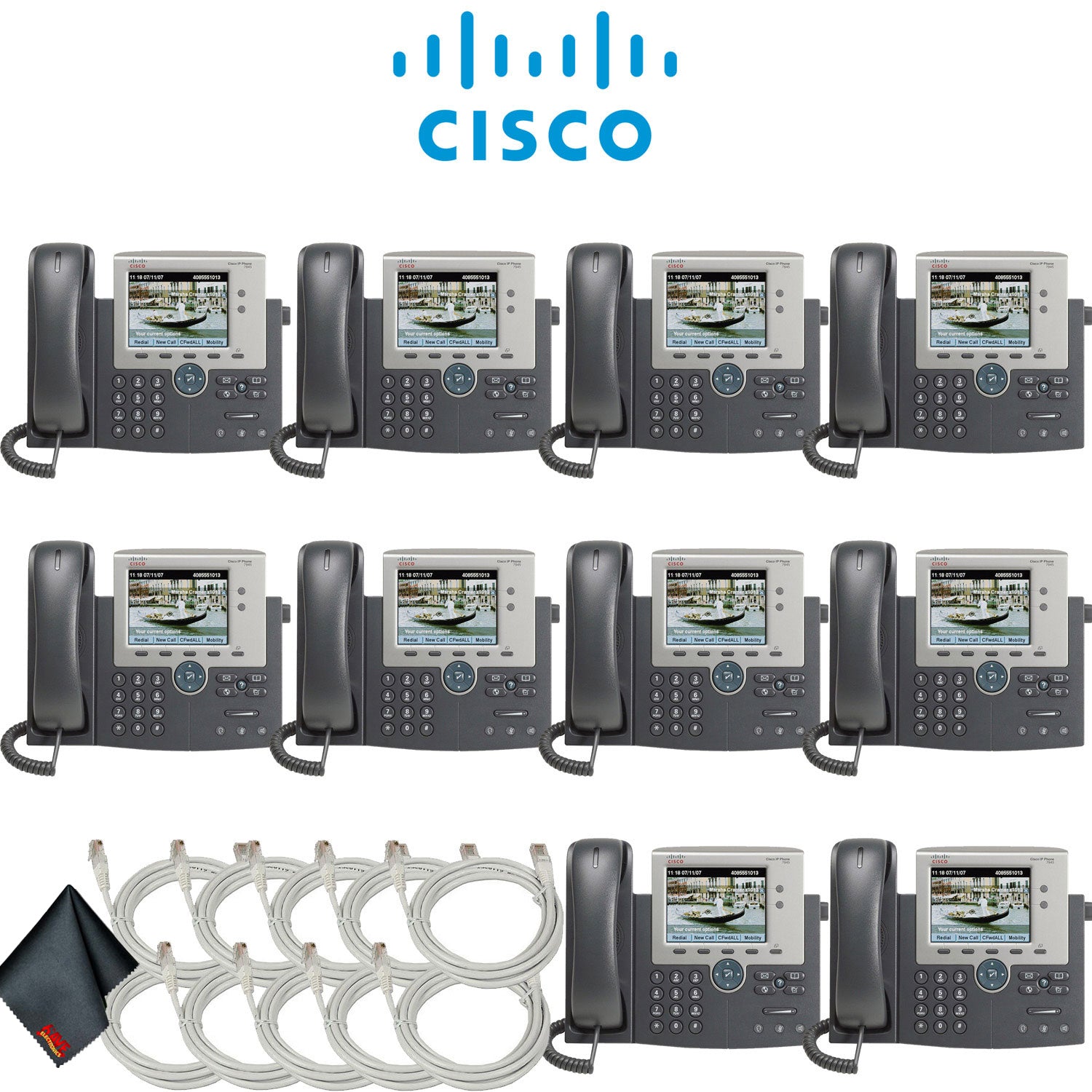 Cisco 7945G Unified IP Phone with Extra Cat5 Cables 10-Pack Bundle