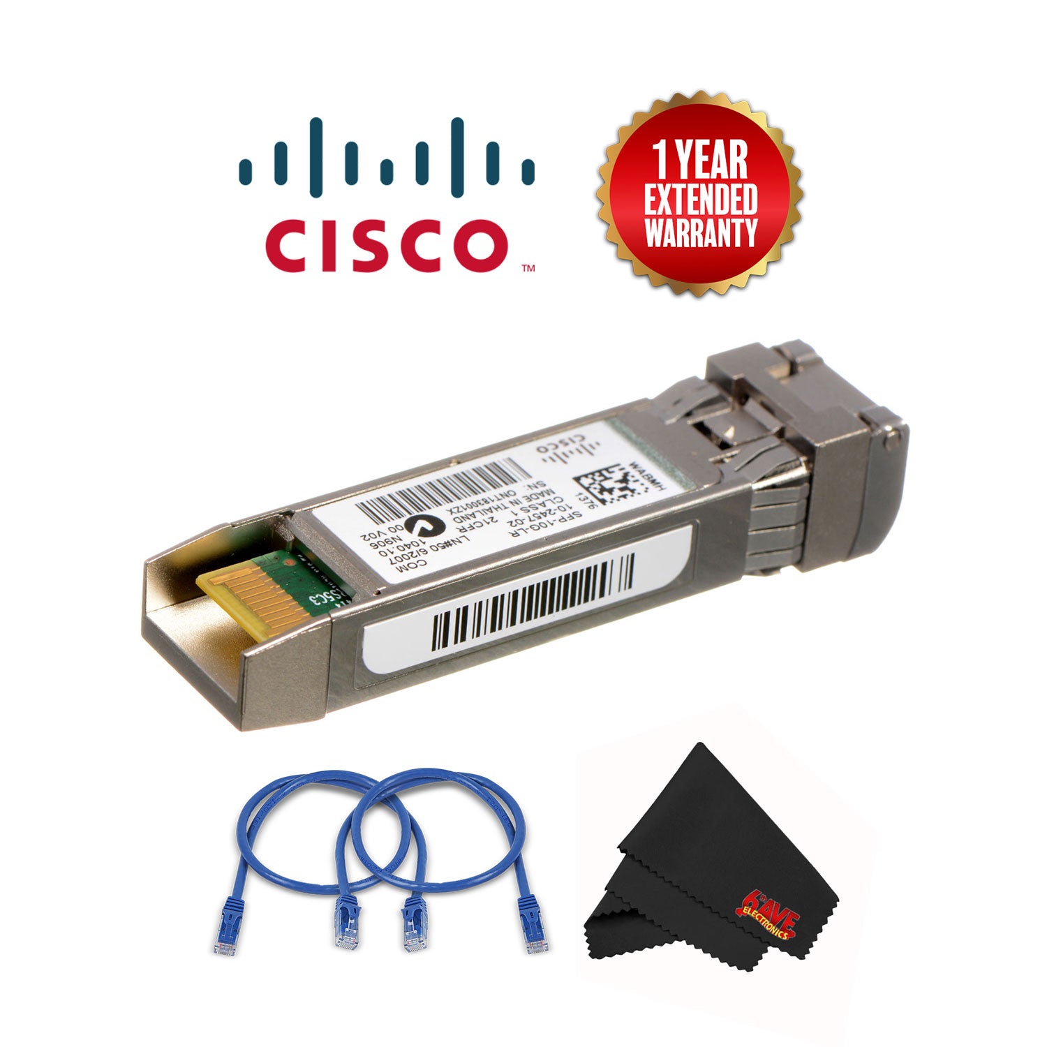 Cisco 10Gbase-LR SFP+ Transceiver with Spare CAT5 Ethernet Cable + Extended Warranty Bundle