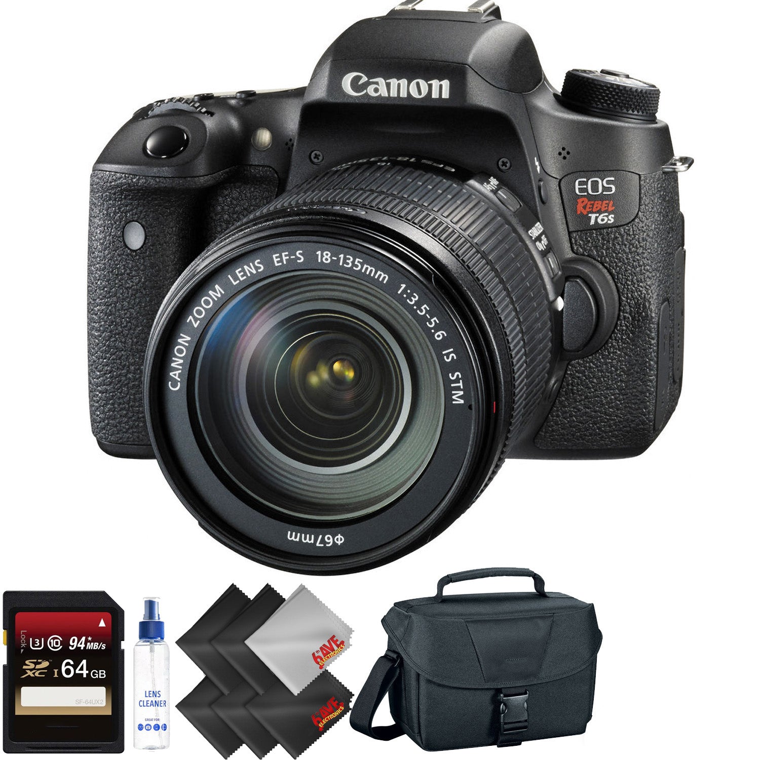 Canon EOS Rebel T6s DSLR Camera with 18-135mm Lens + 64GB Memory Card + 1 Year Warranty