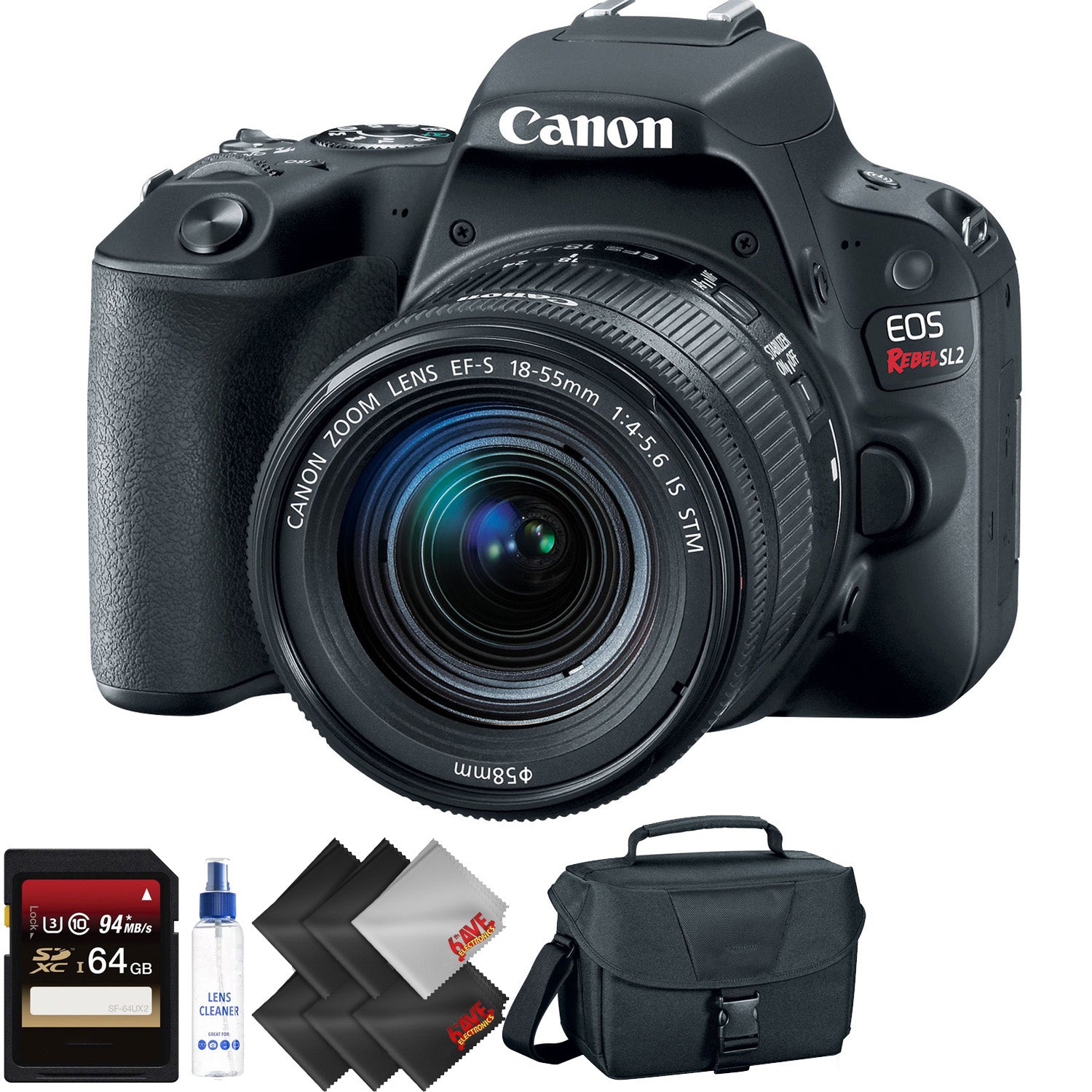 Canon EOS Rebel SL2 DSLR Camera with 18-55mm Lens (Black) + 64GB Memory Card + 1 Year Warranty