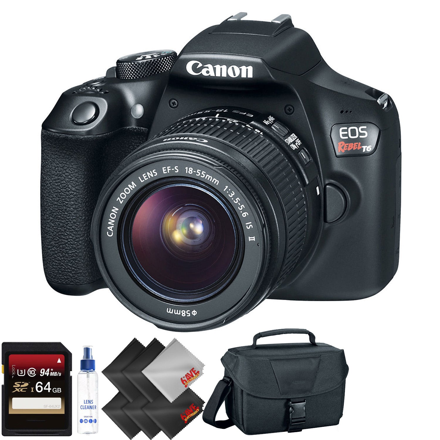 Canon EOS Rebel T6 DSLR Camera with 18-55mm Lens + 64GB Memory Card + 1 Year Warranty Bundle