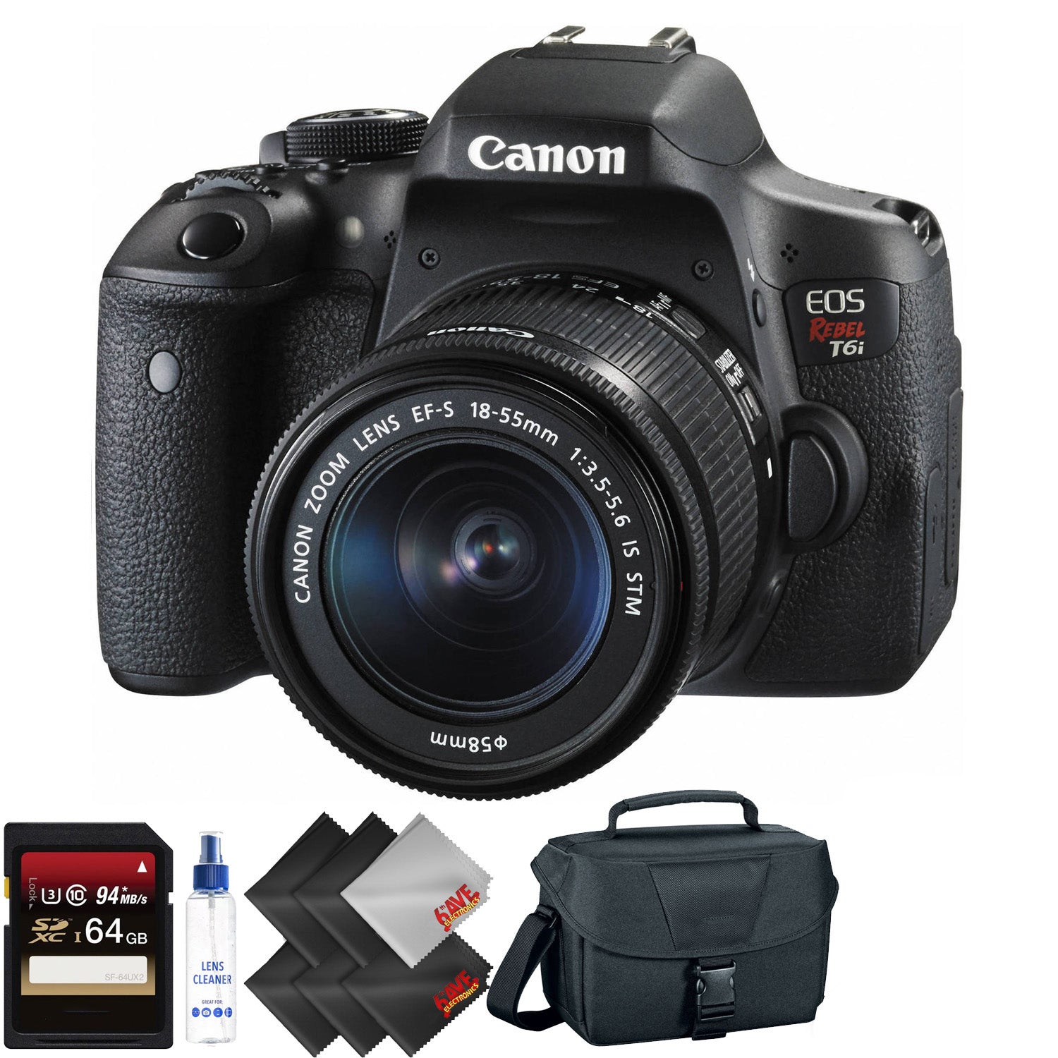Canon EOS Rebel T6i DSLR Camera with 18-55mm Lens + 64GB Memory Card + 1 Year Warranty