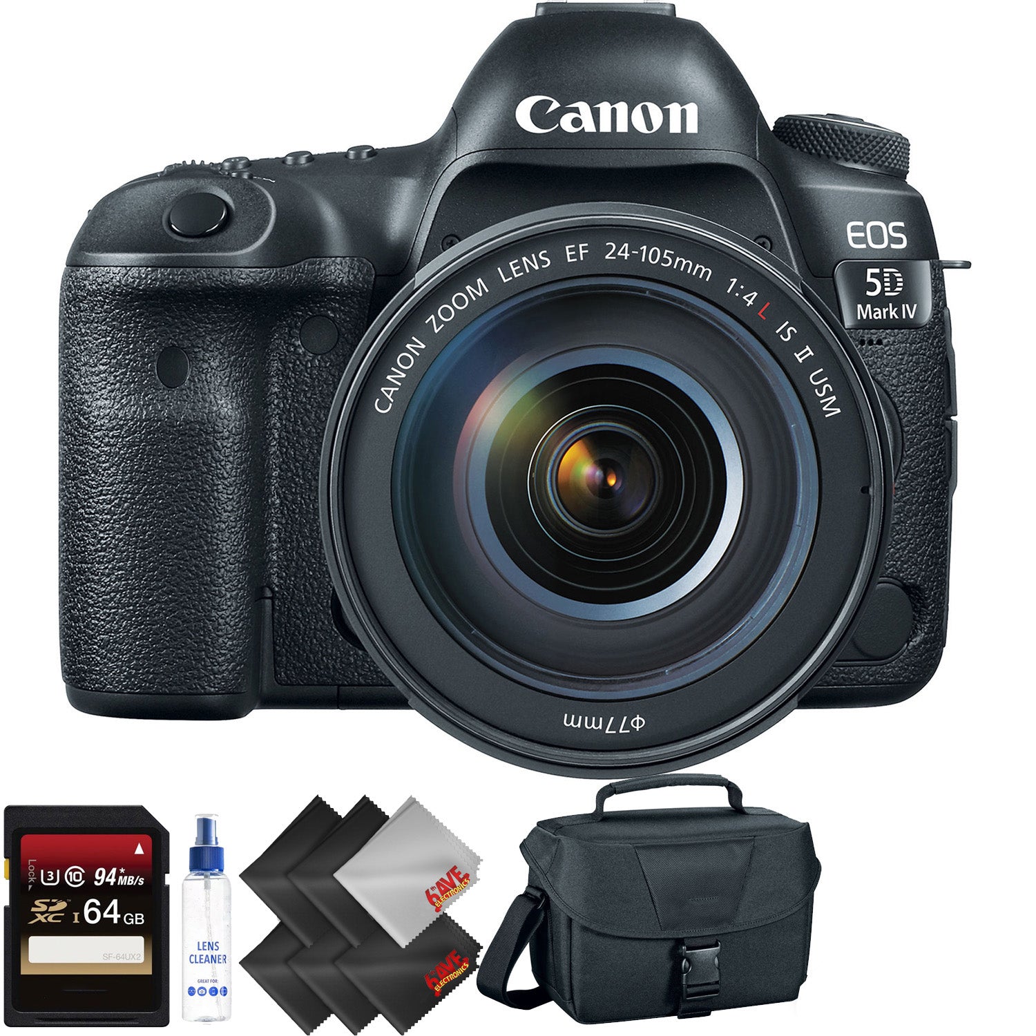 Canon EOS 5D Mark IV DSLR Camera with 24-105mm f/4L II Lens + 64GB Memory Card + 1 Year Warranty Bundle