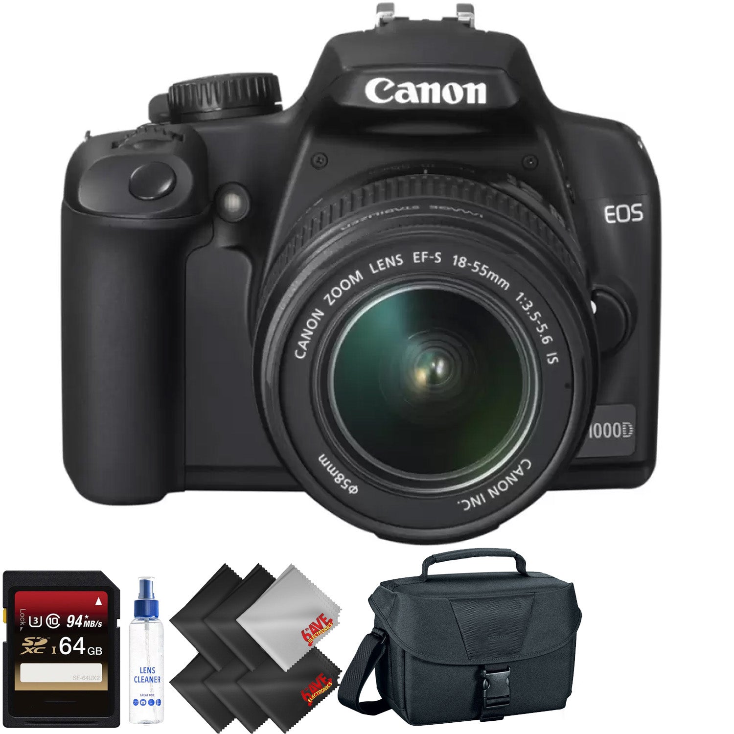 Canon EOS Rebel XS SLR Digital Camera (Black) with 18-55mm is Lens Kit + 64GB Memory Card + 1 Year Warranty