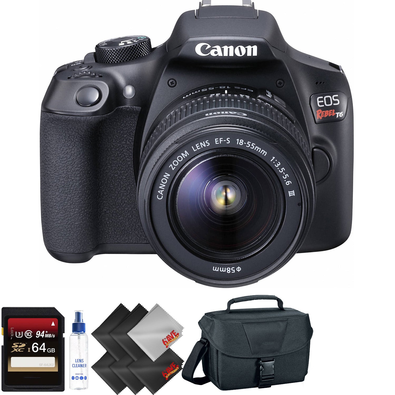 Canon EOS Rebel T6 DSLR Camera with 18-55mm and 75-300mm Lenses Kit + 64GB Memory Card + 1 Year Warranty Bundle