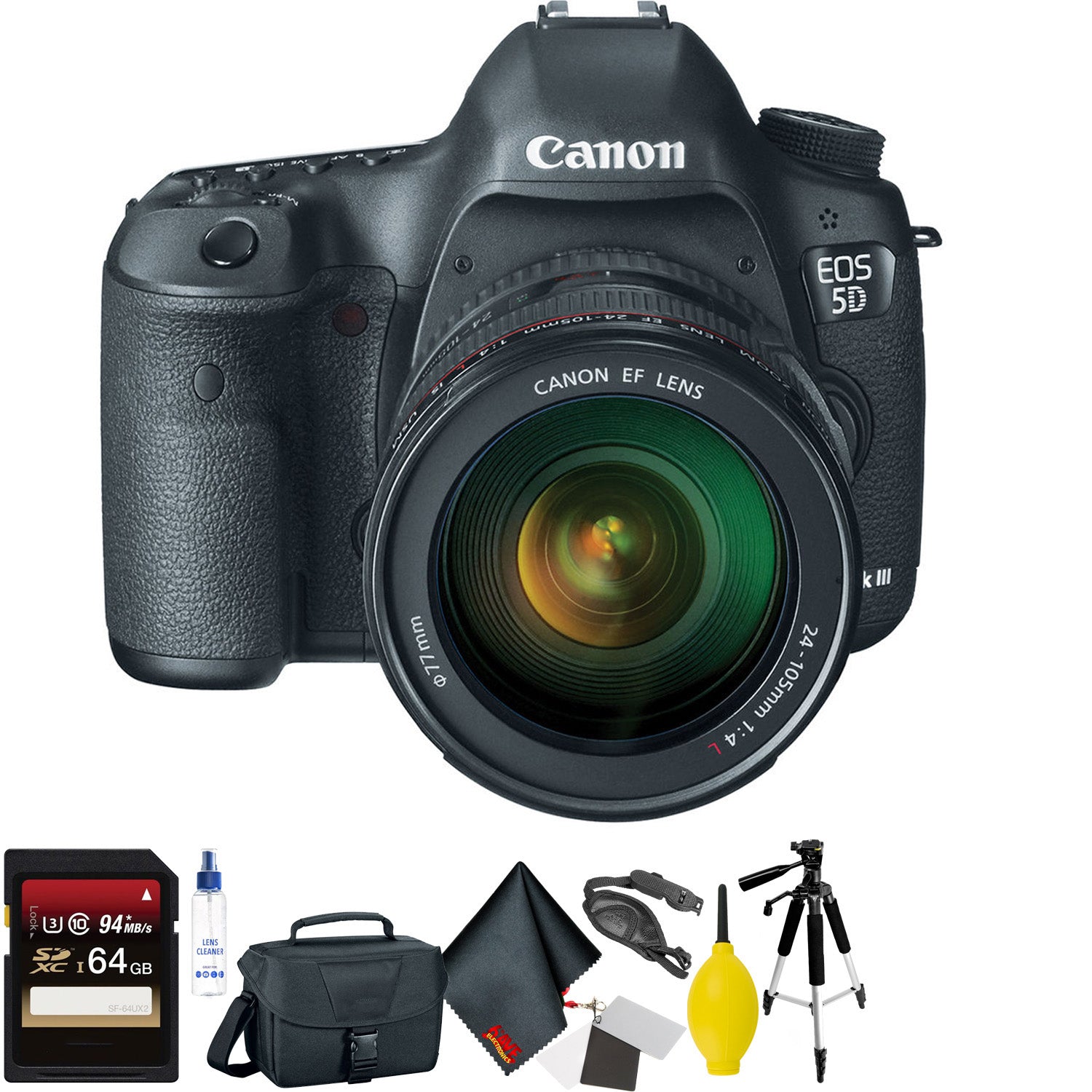 Canon EOS 5D Mark III DSLR Camera with 24-105mm Lens + 64GB Memory Card + Mega Accessory Kit + 2 Year Accidental Warrant Bundle
