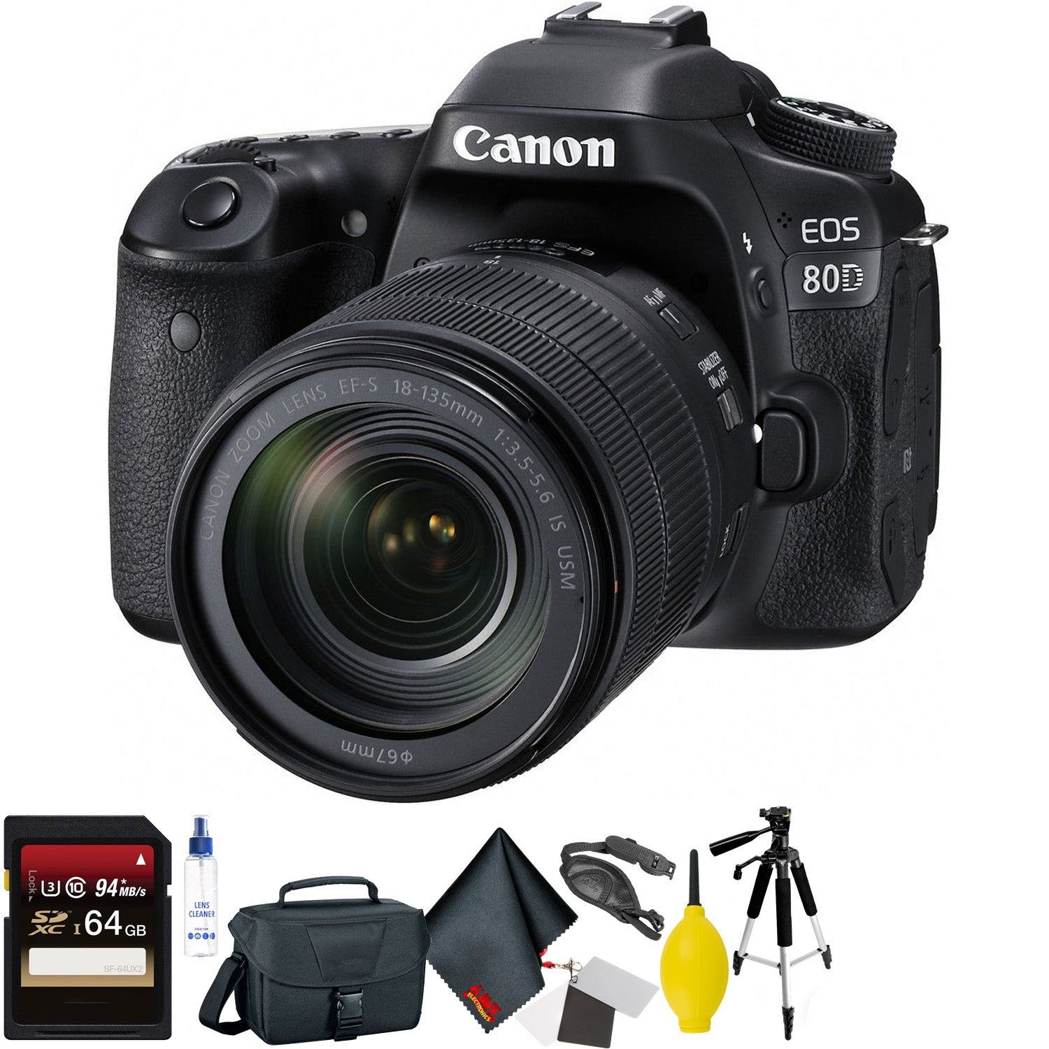 Canon EOS 80D DSLR Camera with 18-135mm Lens + 64GB Memory Card + Mega Accessory Kit + 1 Year Warranty