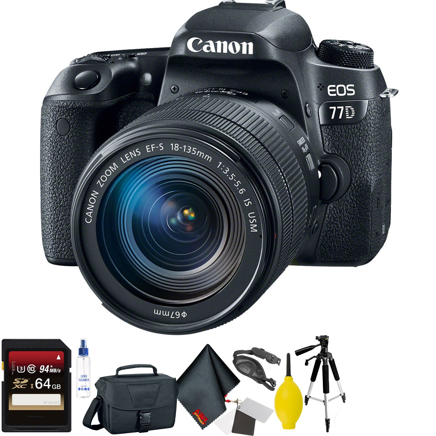 Canon EOS 77D DSLR Camera with 18-135mm USM Lens + 64GB Memory Card + Mega Accessory Kit + 1 Year Warranty