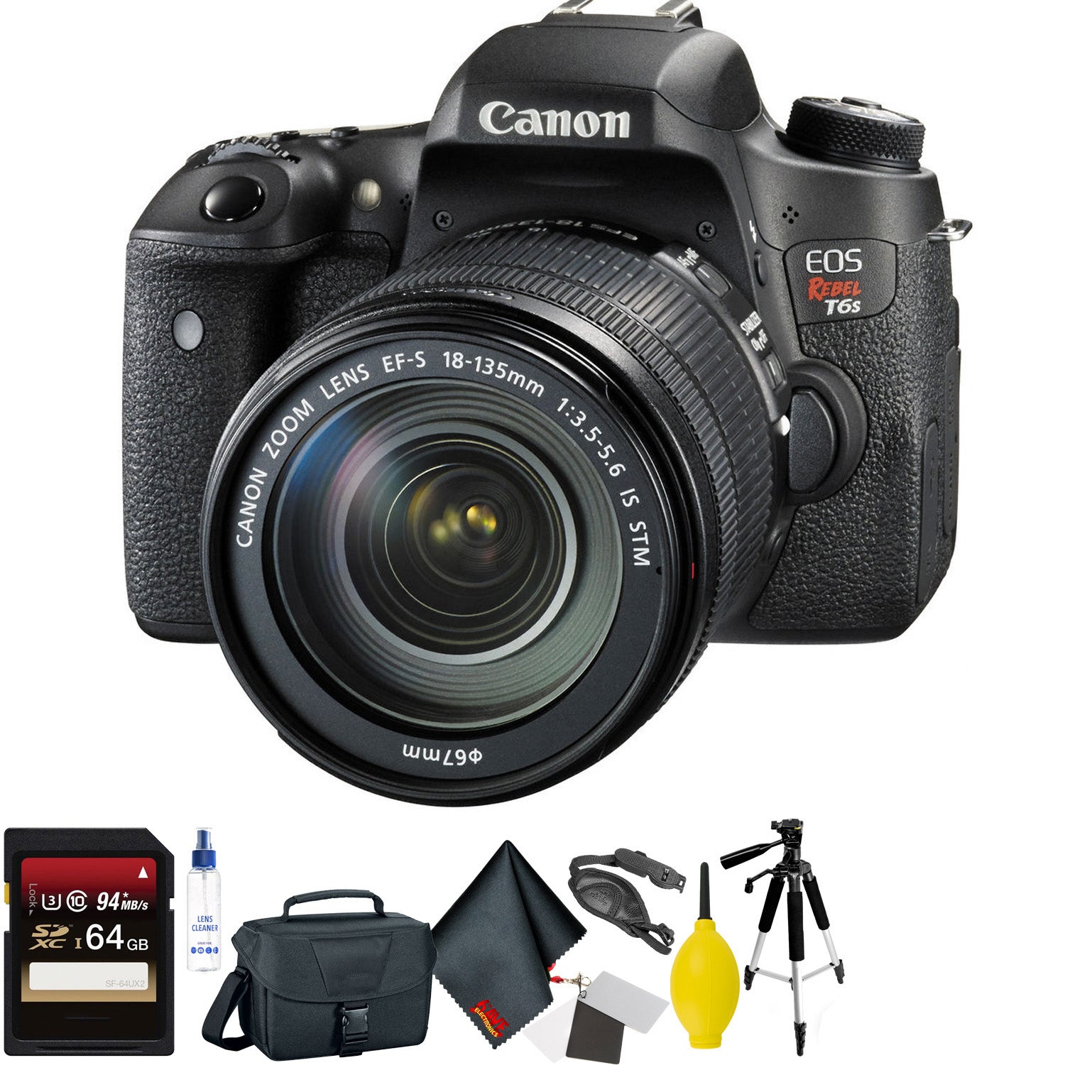 Canon EOS Rebel T6s DSLR Camera with 18-135mm Lens + 64GB Memory Card + Mega Accessory Kit + 1 Year Warranty