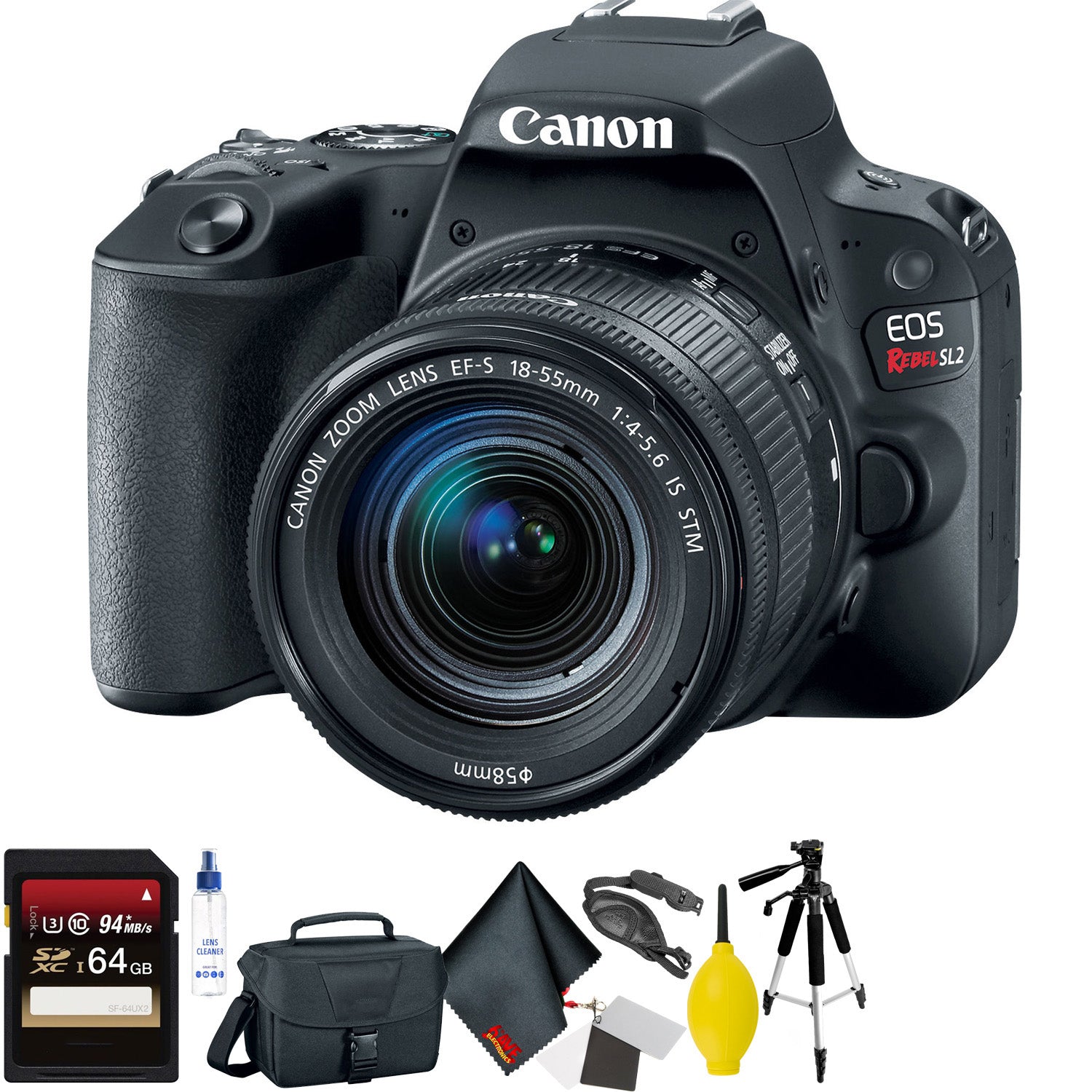 Canon EOS Rebel SL2 DSLR Camera with 18-55mm Lens (Black) + 64GB Memory Card + Mega Accessory Kit + 2 Year Accidental Wa