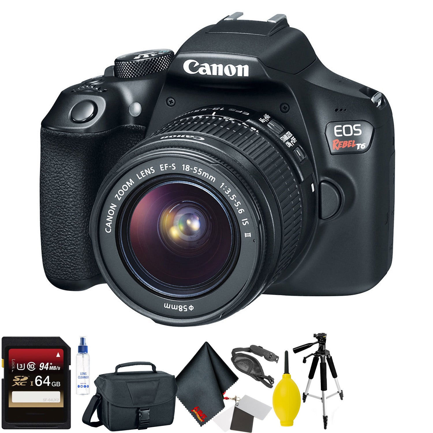 Canon EOS Rebel T6 DSLR Camera with 18-55mm Lens + 64GB Memory Card + Mega Accessory Kit + 1 Year Warranty Bundle
