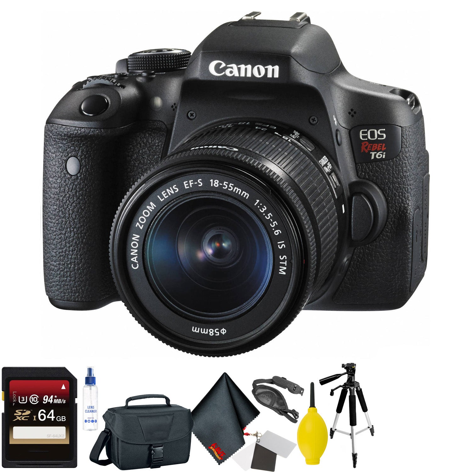 Canon EOS Rebel T6i DSLR Camera with 18-55mm Lens + 64GB Memory Card + Mega Accessory Kit + 2 Year Accidental Warranty