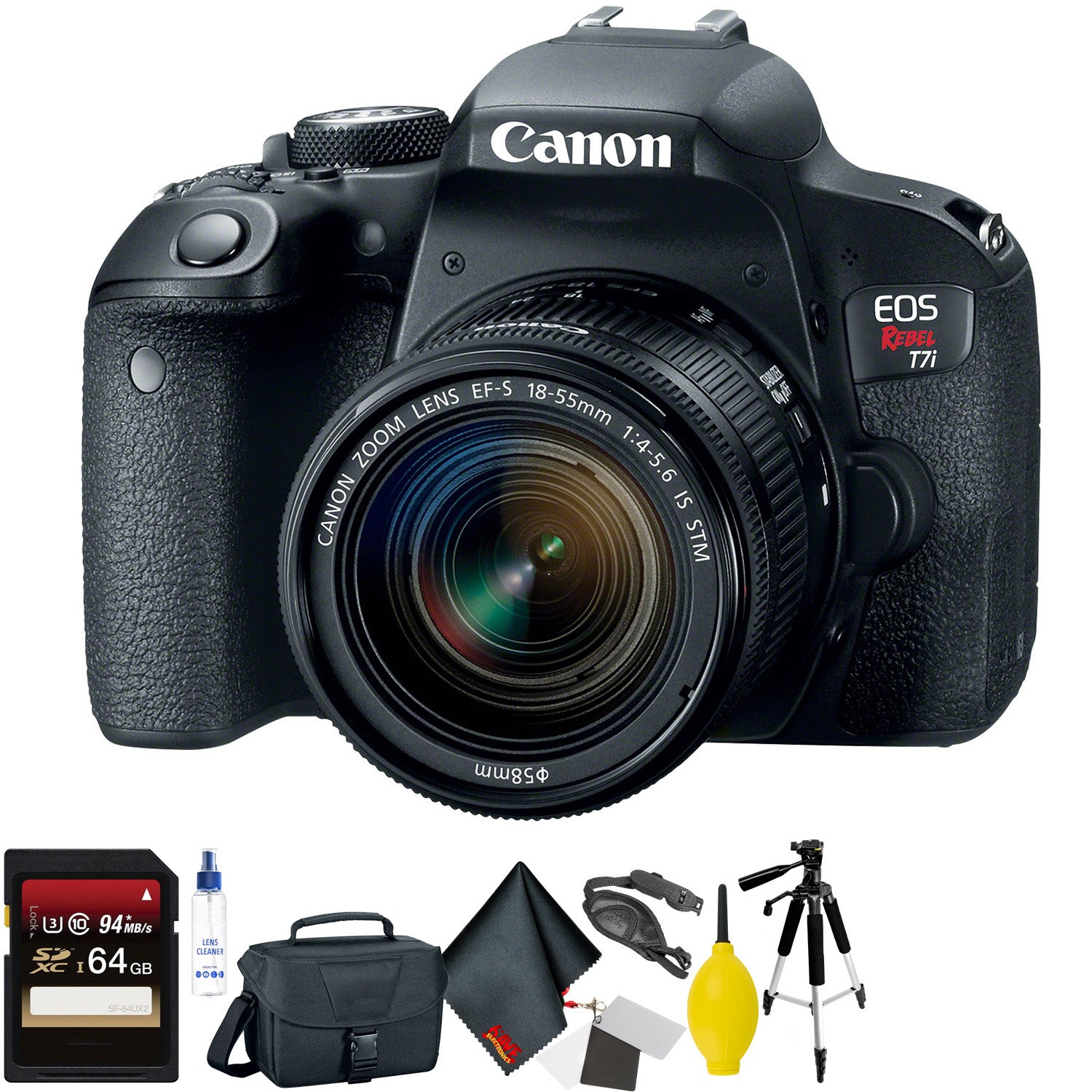 Canon EOS Rebel T7i DSLR Camera with 18-55mm Lens + 64GB Memory Card + Mega Accessory Kit + 2 Year Accidental Warranty