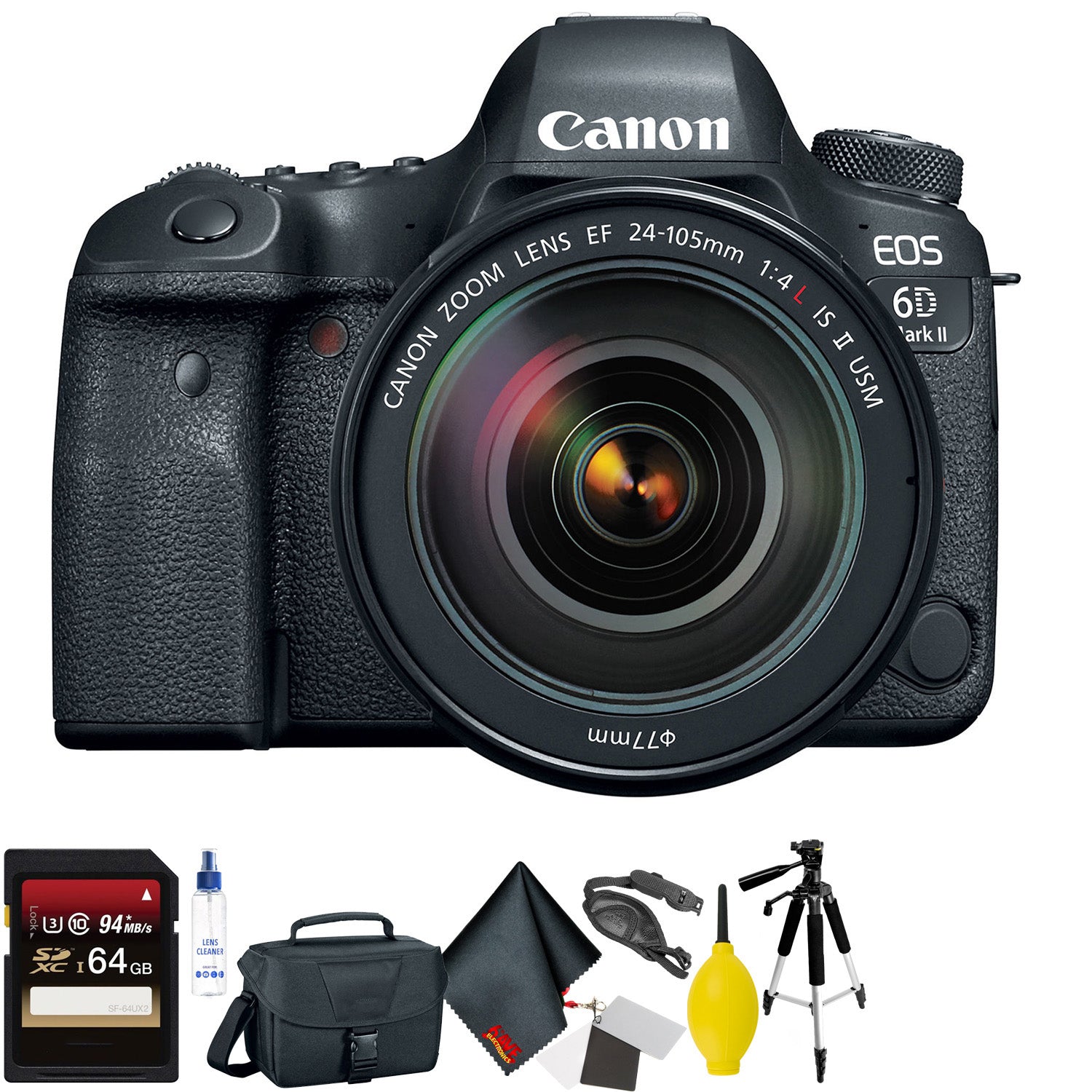 Canon EOS 6D Mark II DSLR Camera with 24-105mm f/4L II Lens + 64GB Memory Card + Mega Accessory Kit + 2 Year Accidental