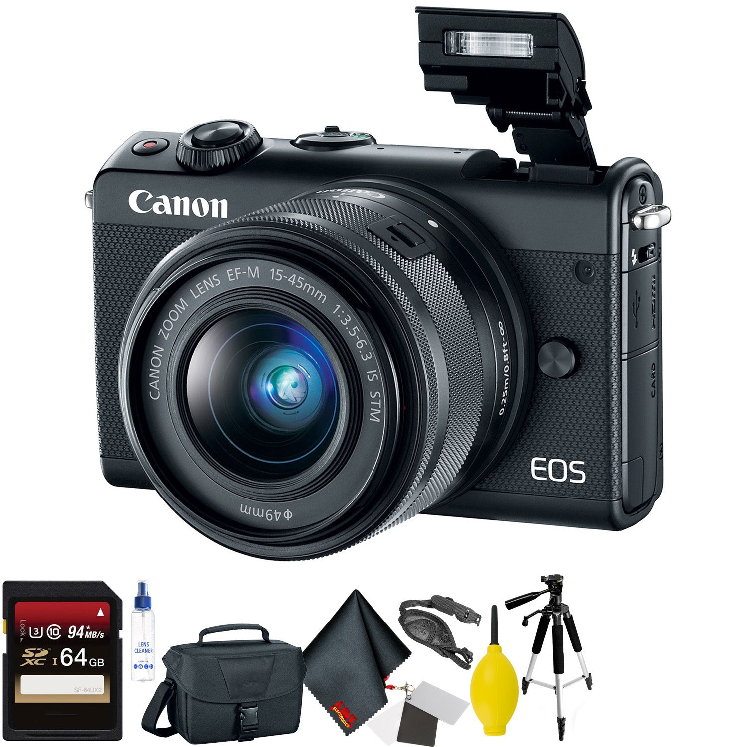 Canon EOS M100 Mirrorless Digital Camera with 15-45mm Lens (Black) + 64GB Memory Card + Mega Accessory Kit + 1 Year Warr