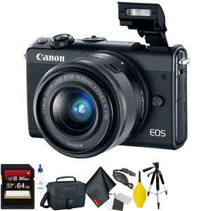 Canon EOS M100 Mirrorless Digital Camera with 15-45mm Lens Black + 64GB Memory Card + Mega Accessory Kit + 1 Year Warr