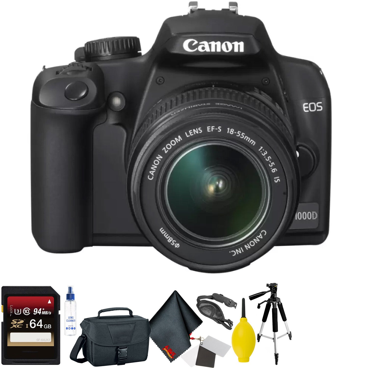 Canon EOS Rebel XS SLR Digital Camera (Black) with 18-55mm is Lens Kit + 64GB Memory Card + Mega Accessory Kit + 2 Year