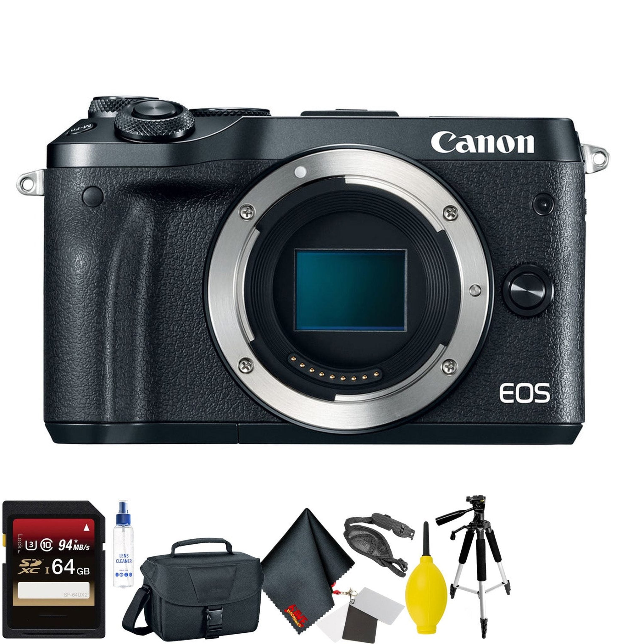 Canon EOS M6 Mirrorless Digital Camera Body Only, Black + 64GB Memory Card + Mega Accessory Kit + 2 Year Accidental Wa Canon