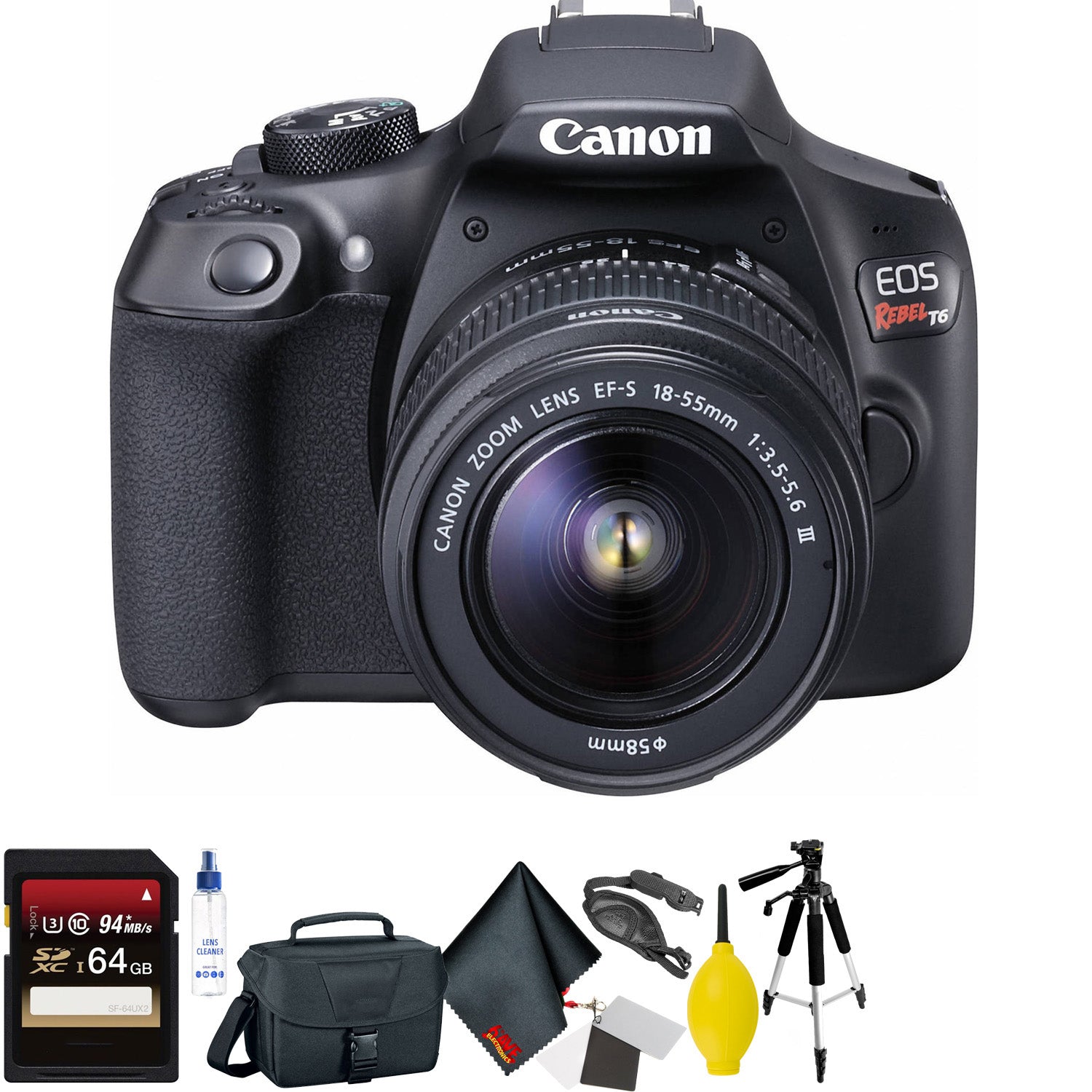 Canon EOS Rebel T6 DSLR Camera with 18-55mm and 75-300mm Lenses Kit + 64GB Memory Card + Mega Accessory Kit + 2 Year Accidental Warranty Bundle