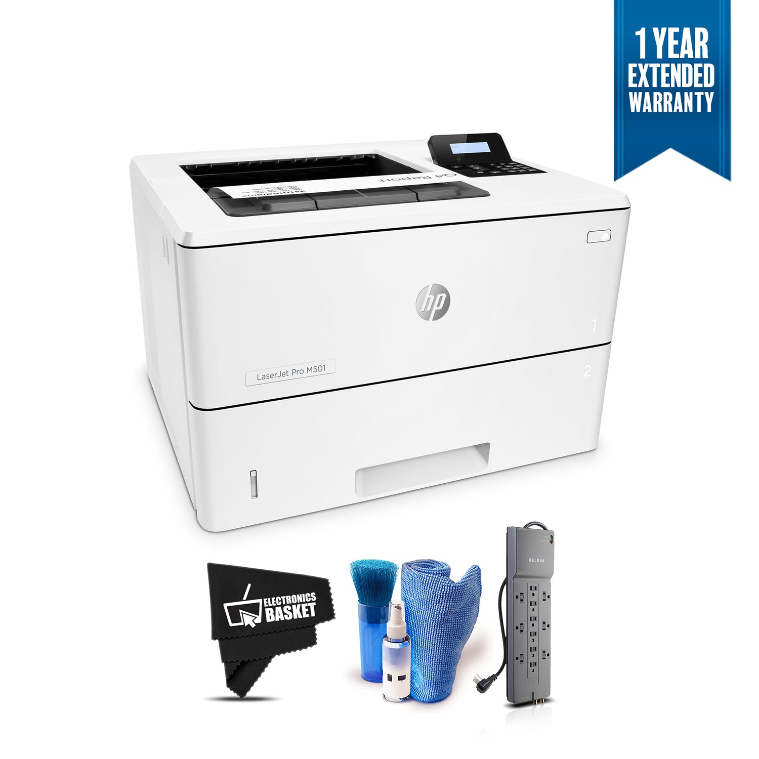 HP Monochrome LaserJet Pro Printer M501dn w/HP JetAdvantage Security, (J8H61A) Bundle with 1 Year Extended Warranty + Surge Protector