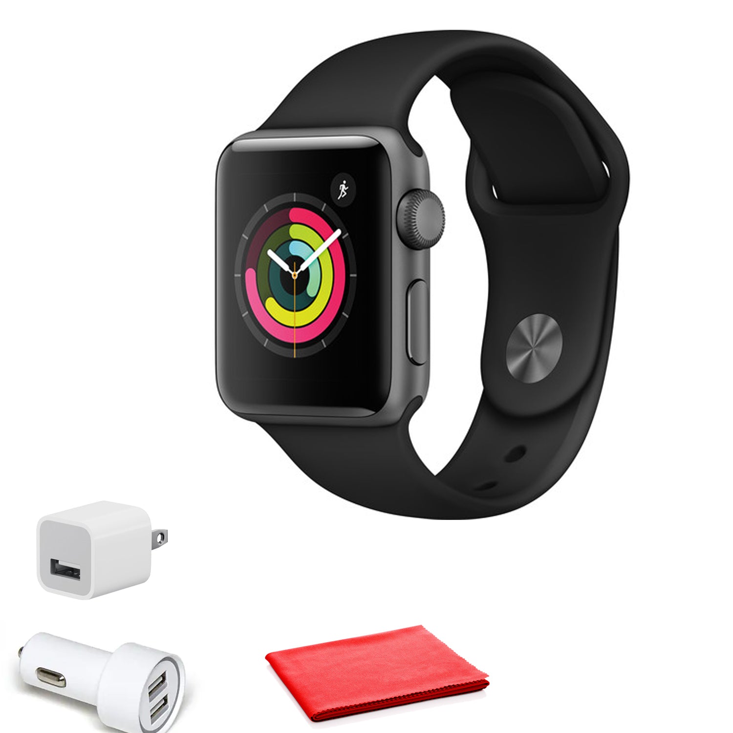 Apple Watch Series 3 GPS, 42mm Space Gray + Black Sport Band with USB Adapter Bundle