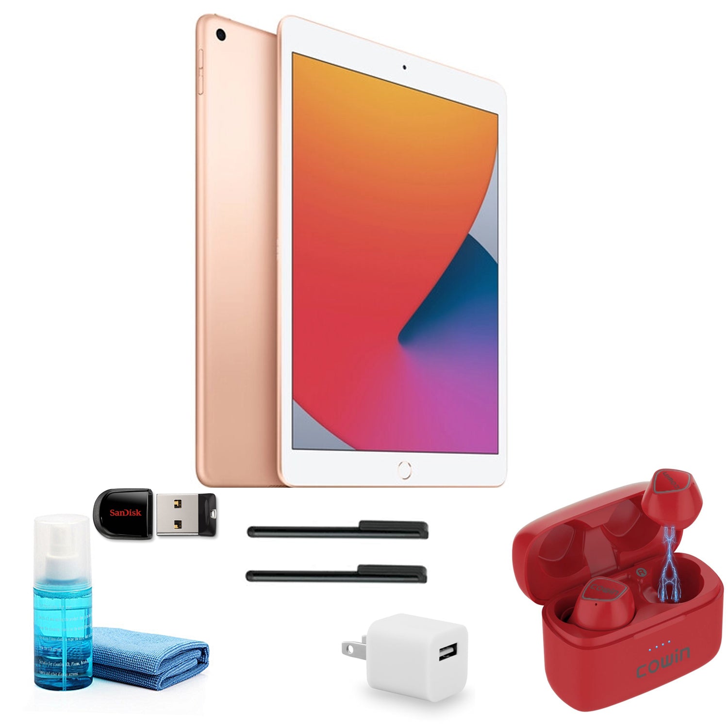 Apple iPad 10.2 Inch (32GB, Gold, MYLC2LL/A) with Red Earbuds and more