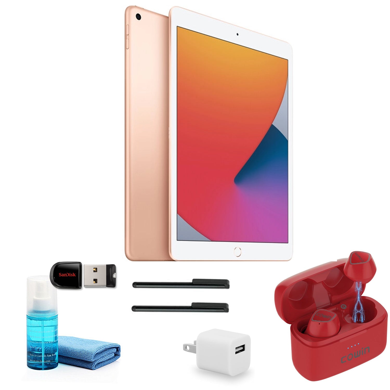 Apple iPad 10.2 Inch (128GB, Gold, MYLF2LL/A) with Red Earbuds and more