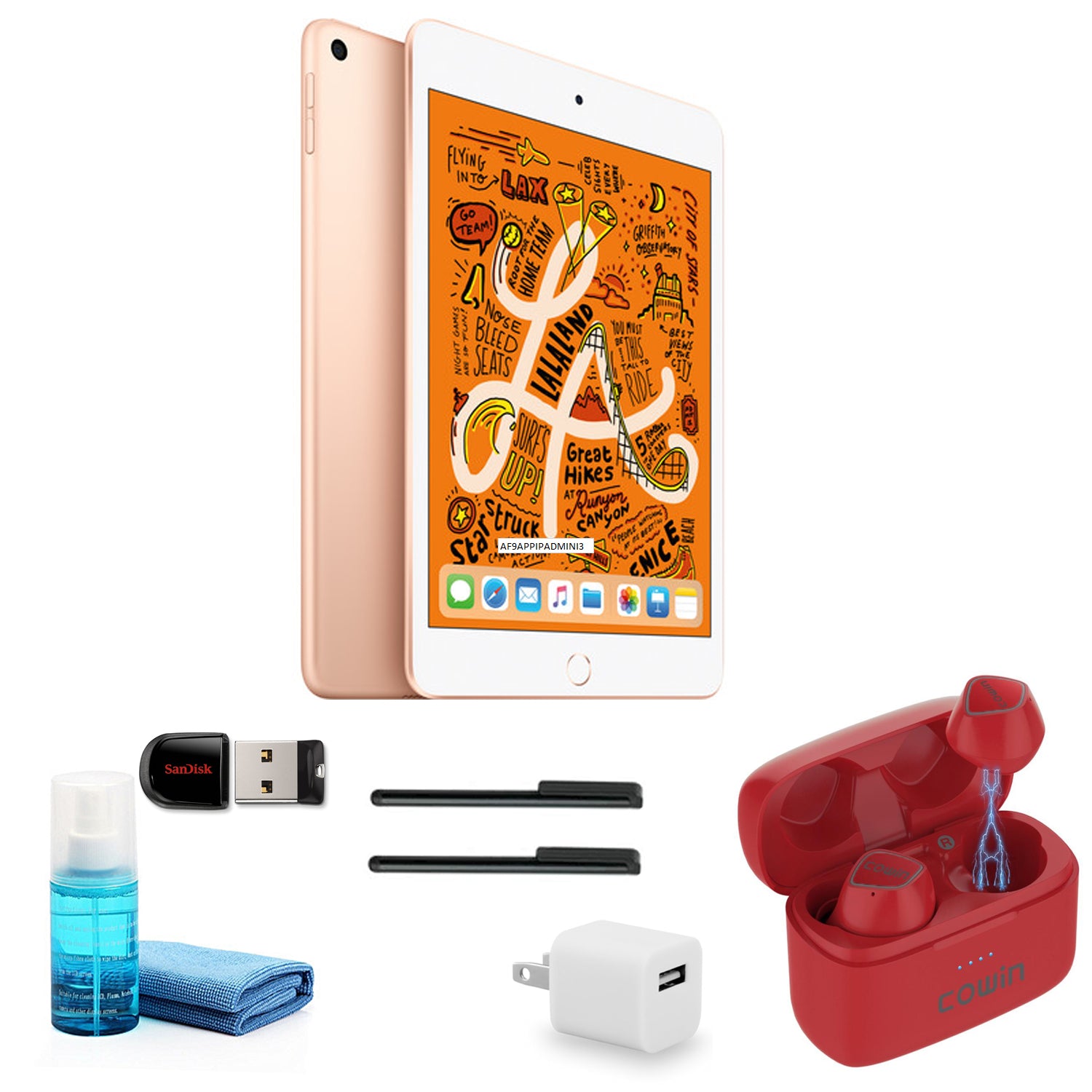 Apple iPad mini 7.9 Inch (64GB, Gold) with Red Wireless Earbuds