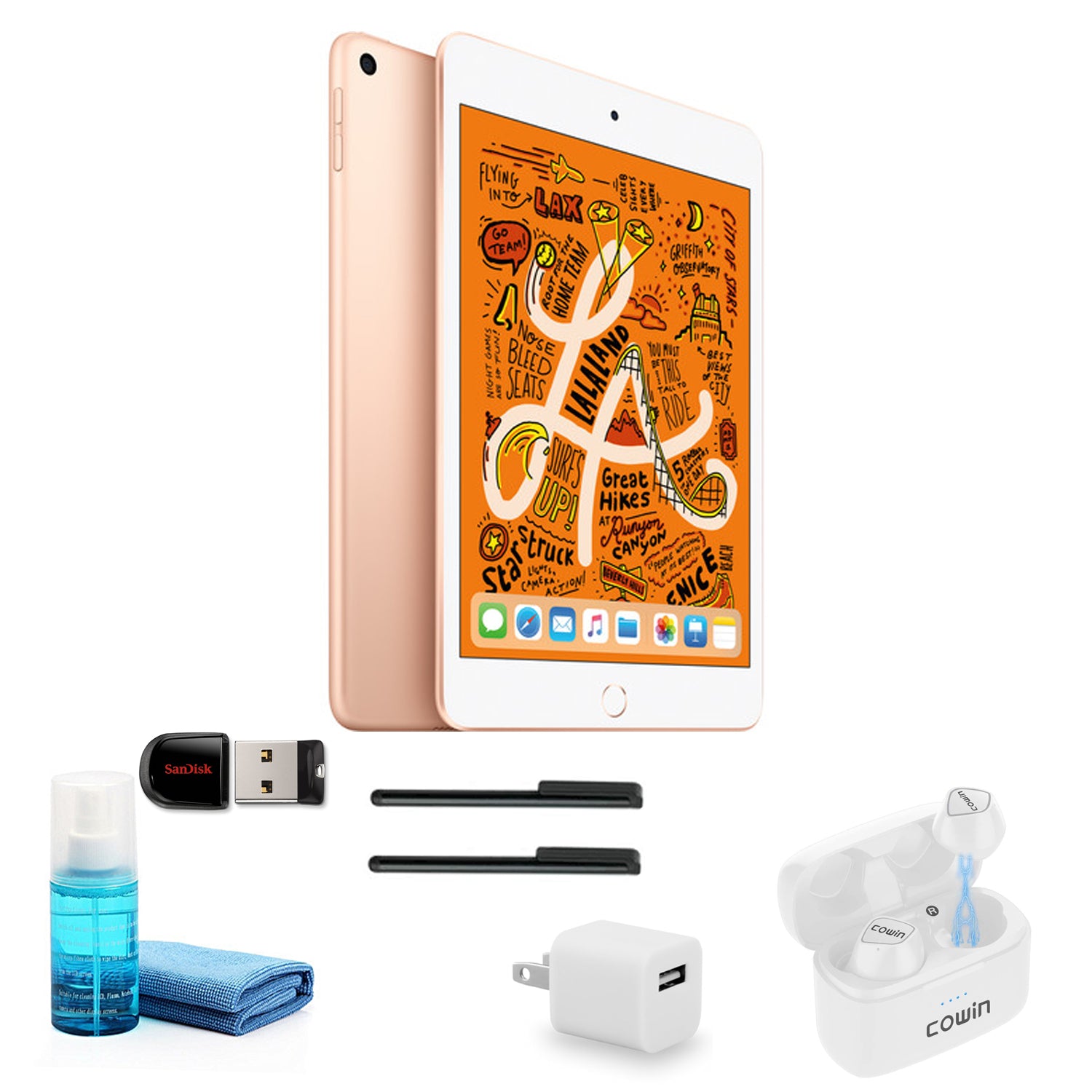 Apple iPad mini 7.9 Inch (64GB, Gold) with White Wireless Earbuds