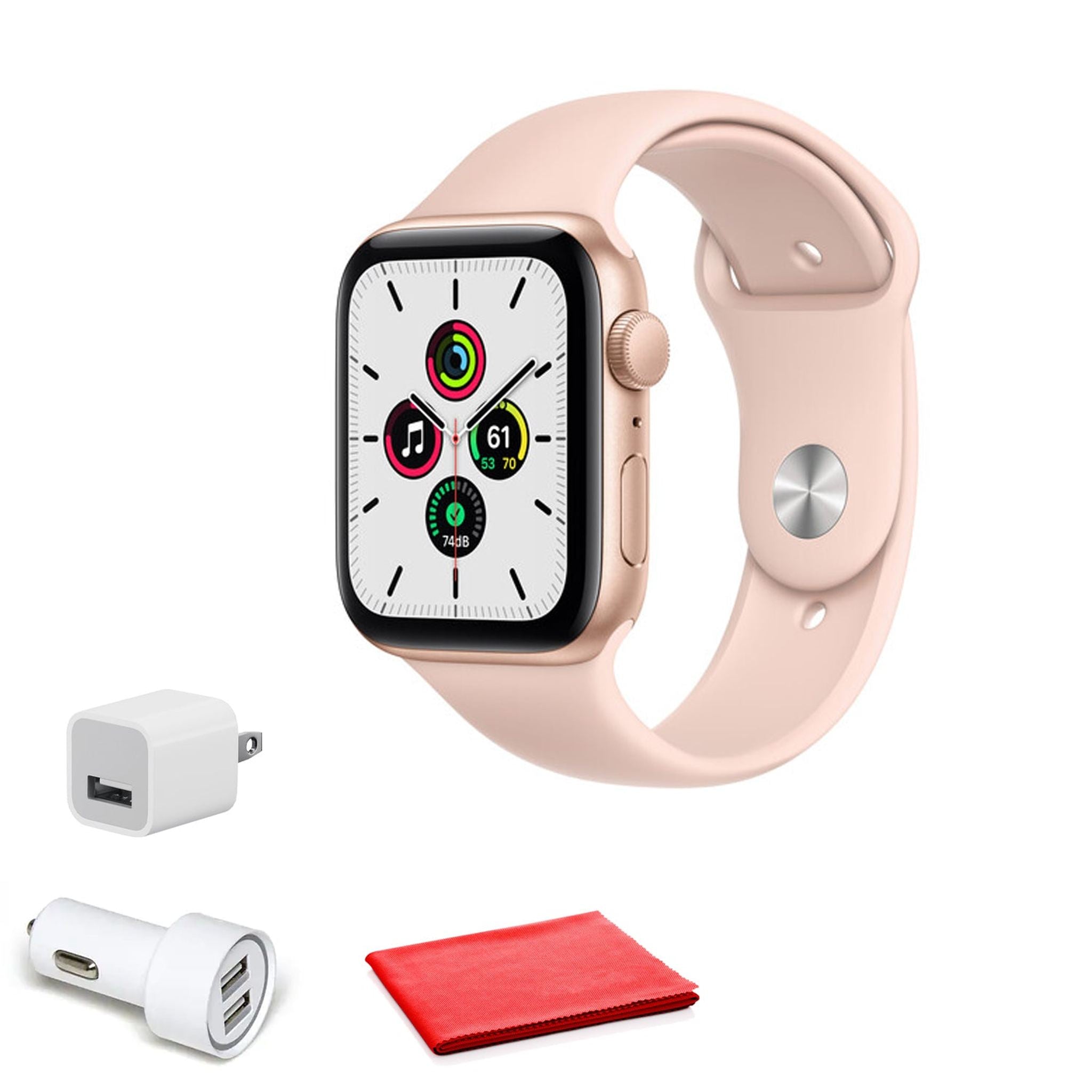Apple Watch SE GPS, 44mm Gold + Pink Sand Sport Band with Cleaning Kit